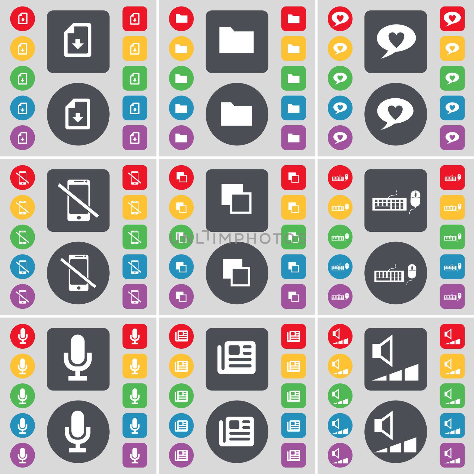 Download file, Folder, Chat bubble, Smartphone, Copy, Keyboard, Microphone, Newspaper, Volume icon symbol. A large set of flat, colored buttons for your design. illustration