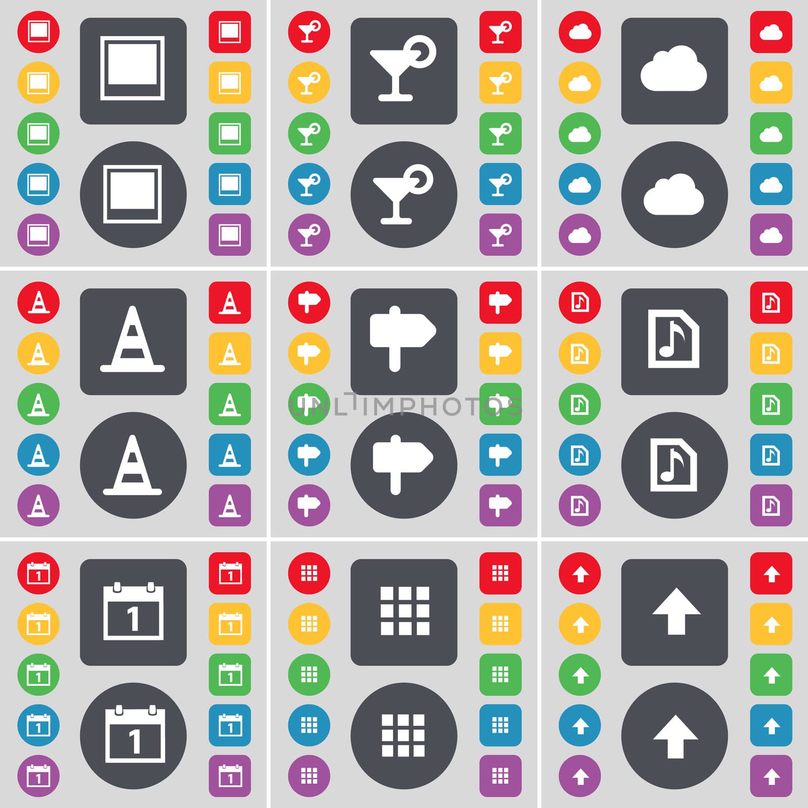 Window, Cocktail, Cloud, Cone, Signpost, Music file, Calendar, Apps, Arrow up icon symbol. A large set of flat, colored buttons for your design.  by serhii_lohvyniuk