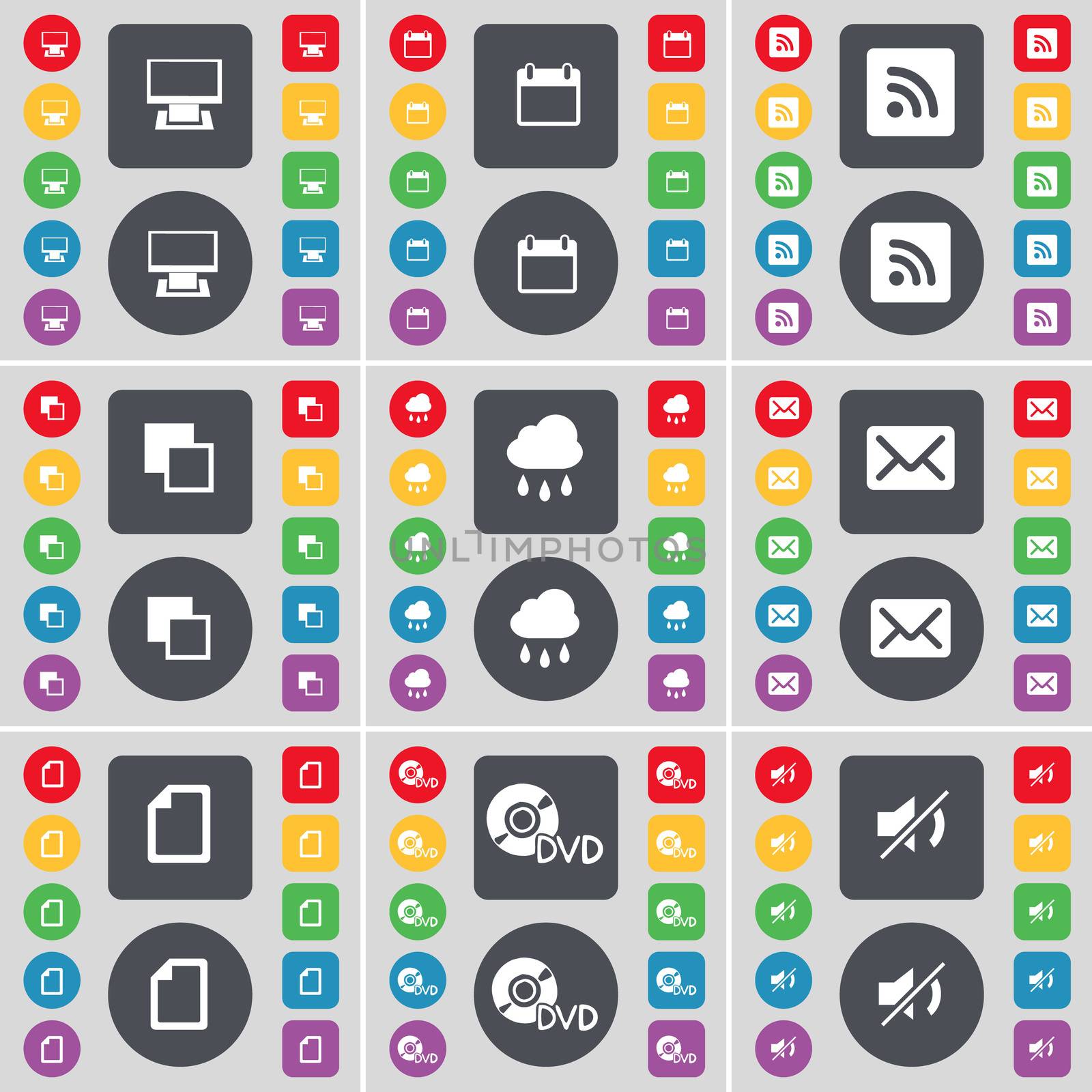 Monitor, Calandar, RSS, Copy, Cloud, Message, File, DVD, Mute icon symbol. A large set of flat, colored buttons for your design. illustration