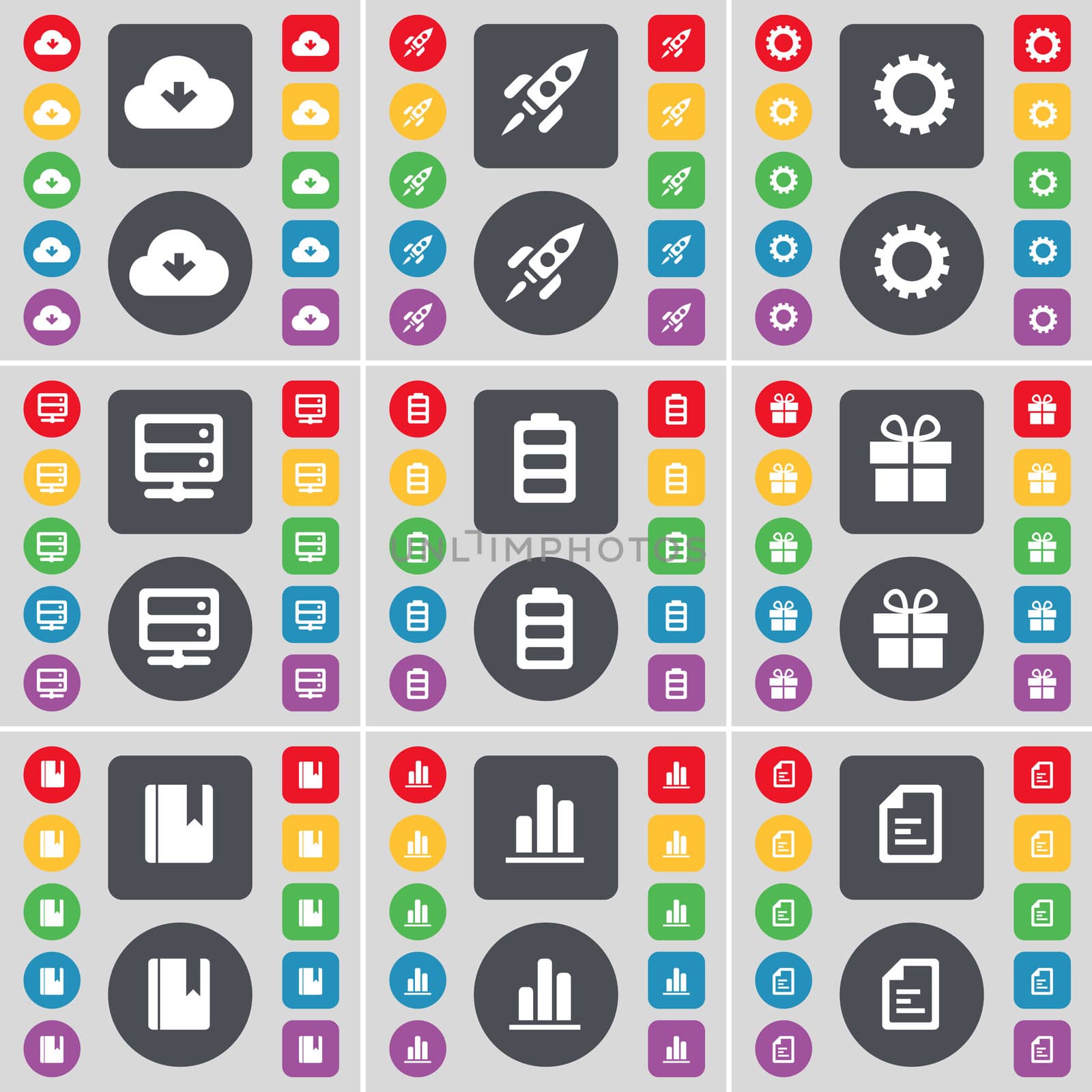 Cloud, Rocket, Gear, Server, Battery, Gift, Dictionary, Diagram, Text file icon symbol. A large set of flat, colored buttons for your design. illustration