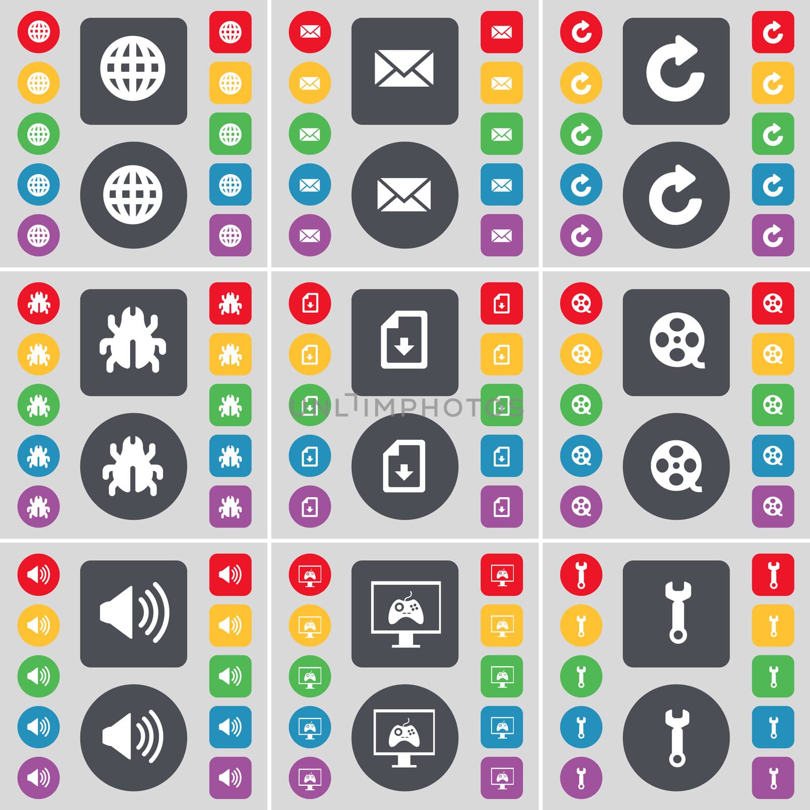 Globe, Message, Reload, Bug, File, Videotape, Sound, Monitor, Wrench icon symbol. A large set of flat, colored buttons for your design.  by serhii_lohvyniuk