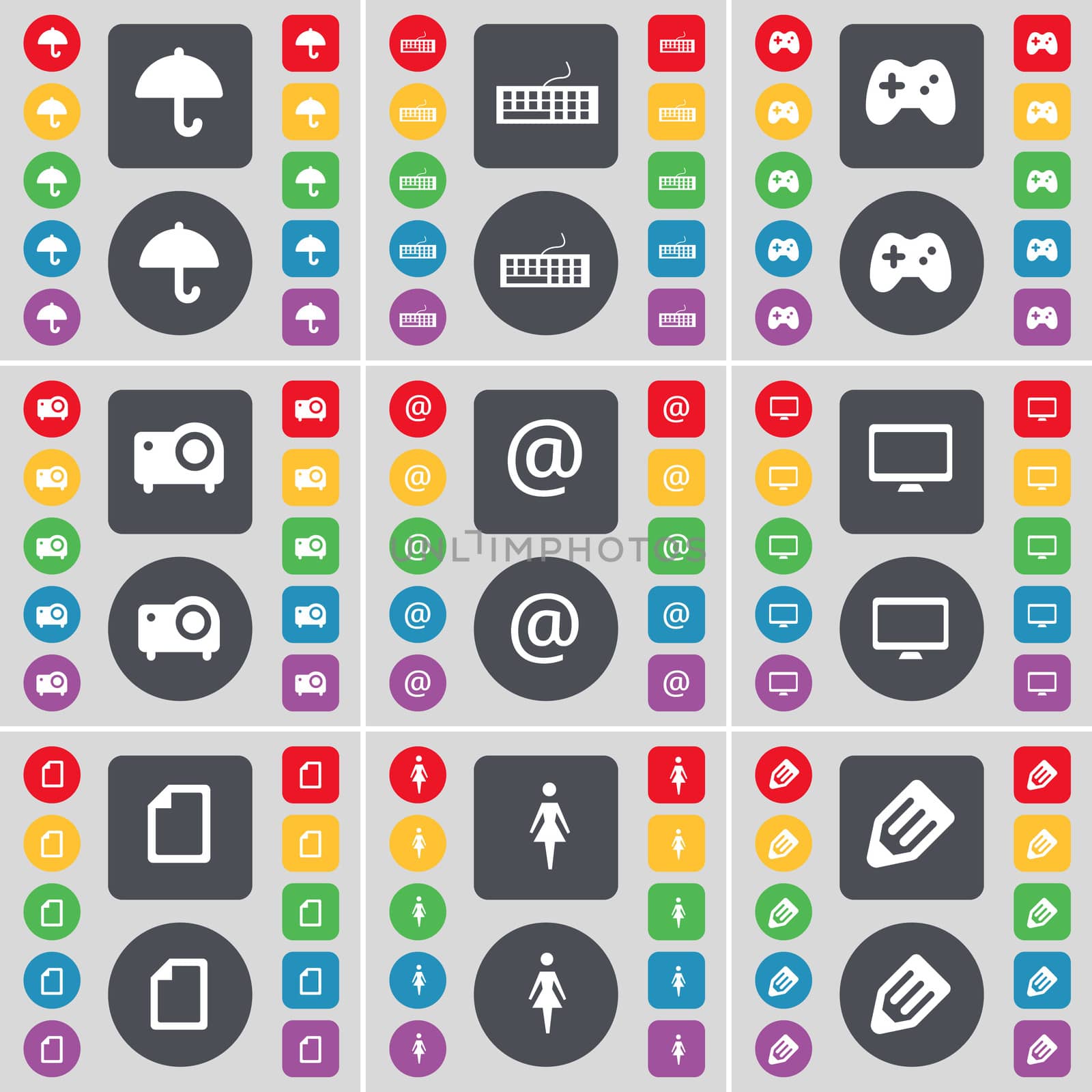Umbrella, Keyboard, Gamepad, Projector, Mail, Monitor, File, Silhouette, Pencil icon symbol. A large set of flat, colored buttons for your design.  by serhii_lohvyniuk