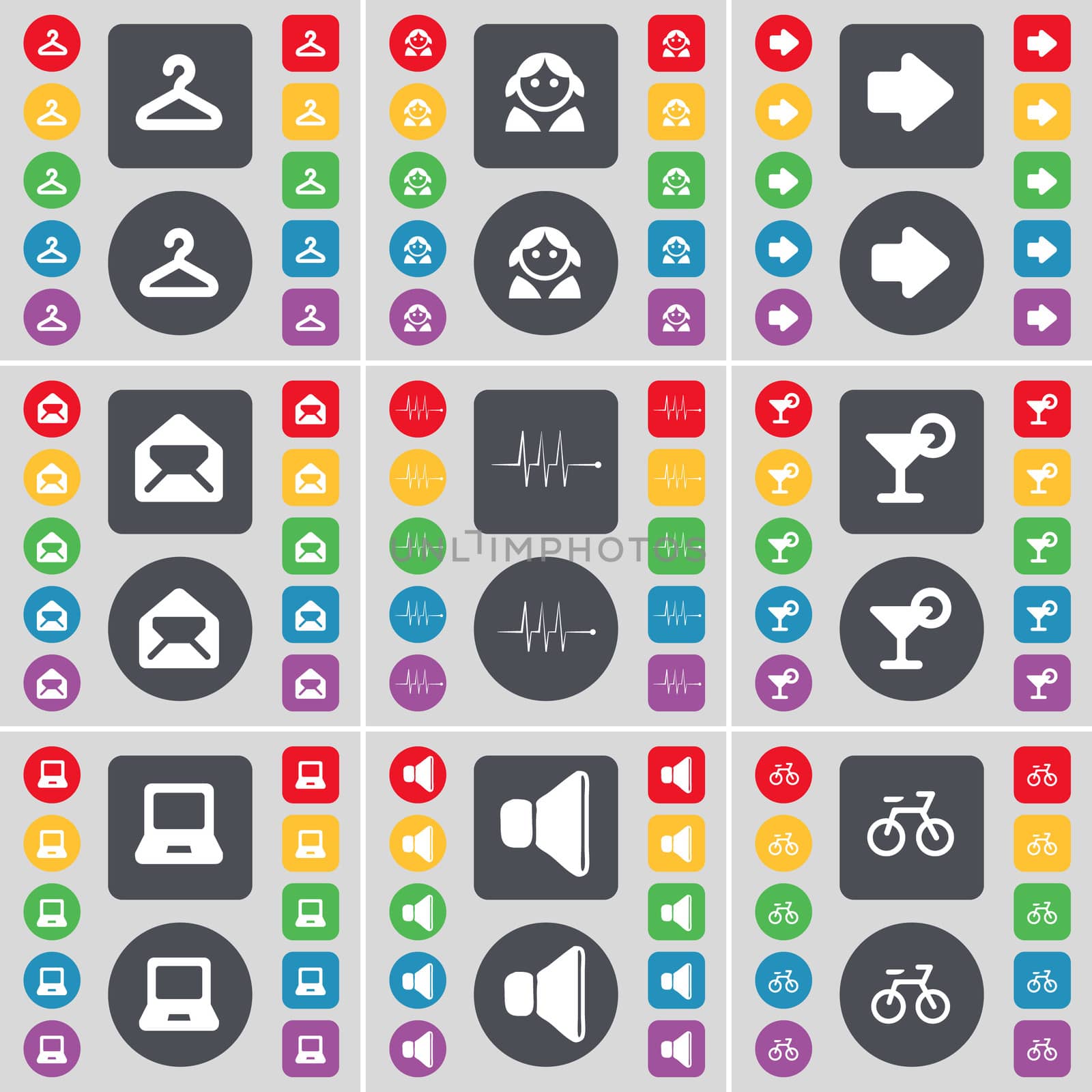 Hager, Avatar, Arrow right, Message, Pulse, Cocktail, Laptop, Sound, Bicycle icon symbol. A large set of flat, colored buttons for your design.  by serhii_lohvyniuk