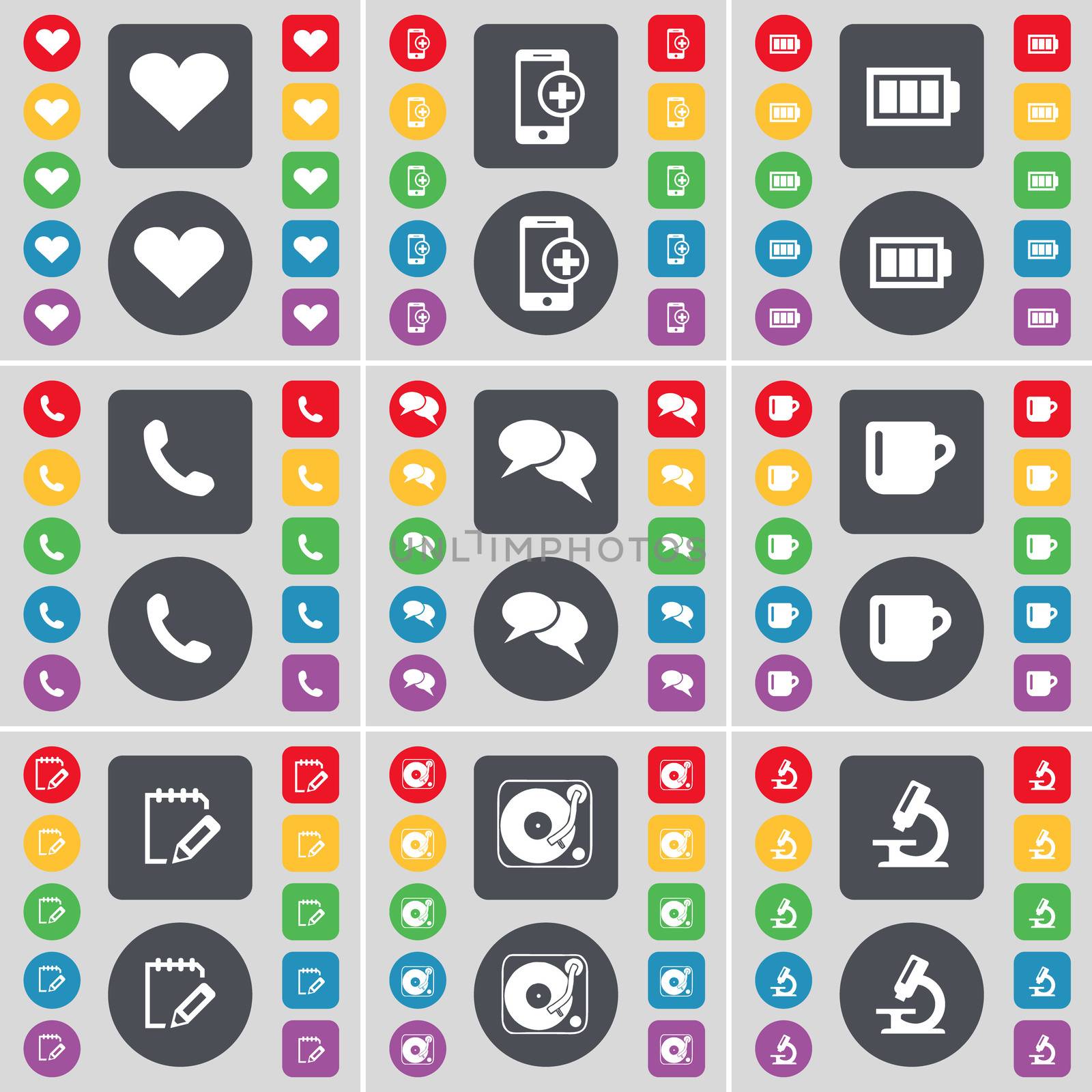 Heart, Smartphone, Battery, Receiver, Chat, Cup, Survey, Gramophone, Microscope icon symbol. A large set of flat, colored buttons for your design. illustration