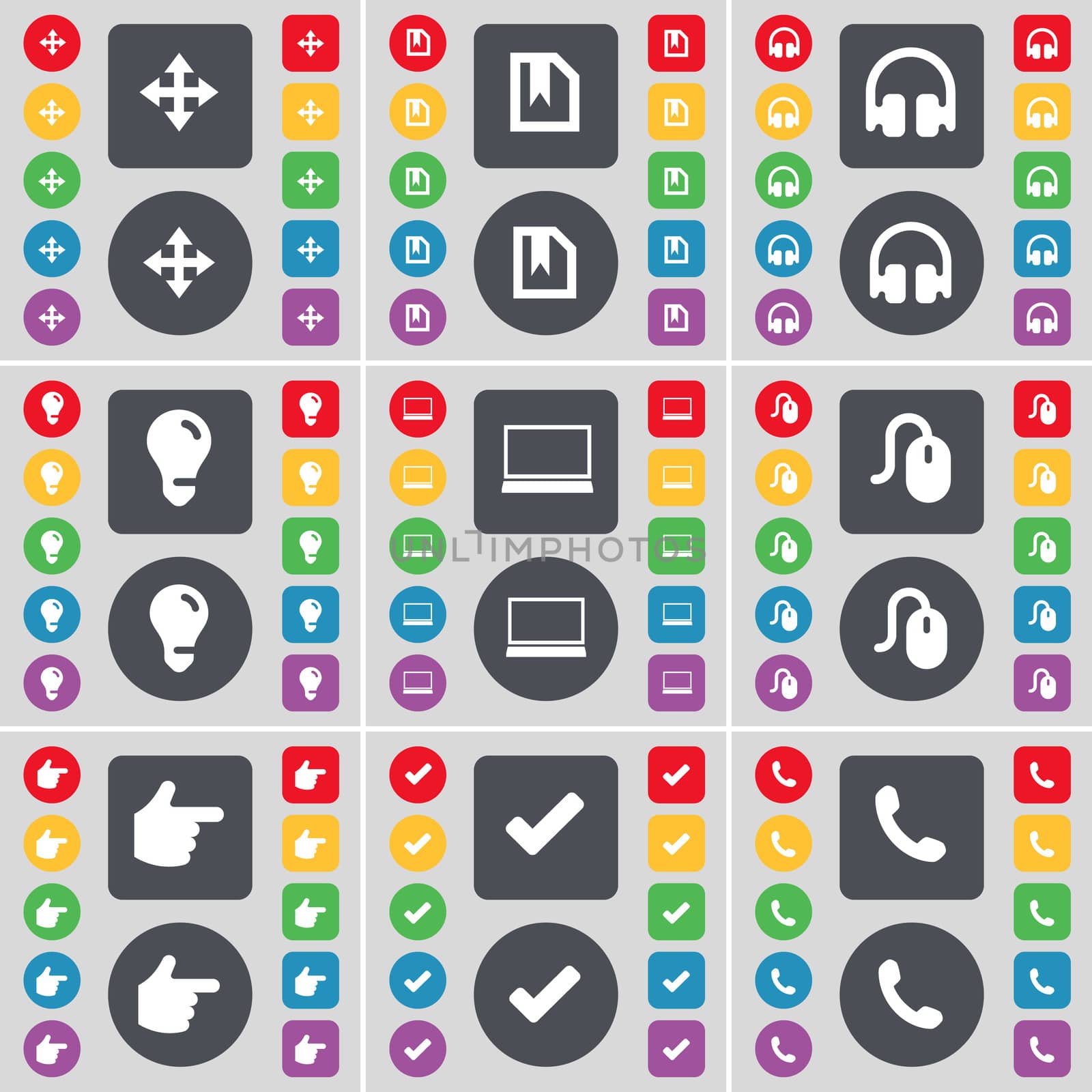 Moving, File, Headphones, Light bulb, Laptop, Mouse, Hand, Tick, Receiver icon symbol. A large set of flat, colored buttons for your design. illustration
