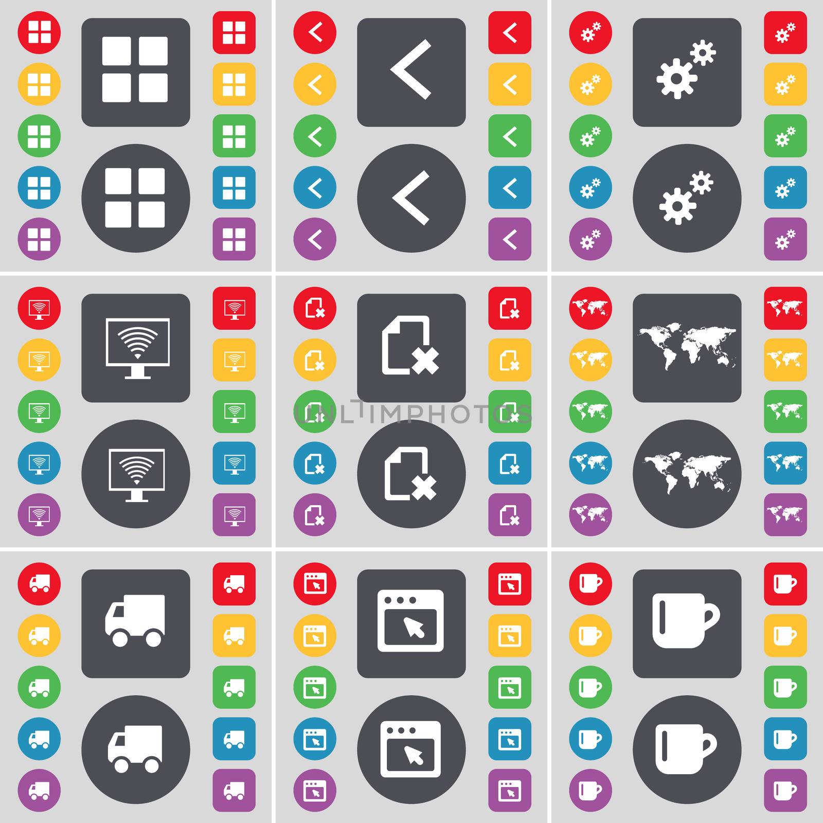 Apps, Arrow left, Gear, Monitor, File, Globe, Truck, Window, Cup icon symbol. A large set of flat, colored buttons for your design. illustration