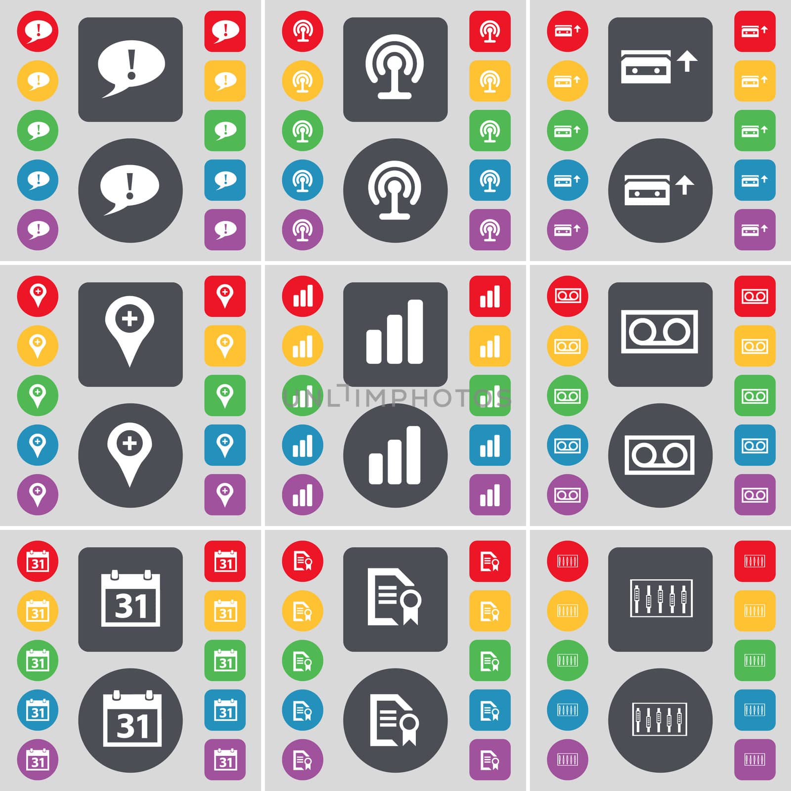 Chat bubble, Wi-Fi, Cassette, Checkpoint, Diagram, Calendar, Text file, Equalizer icon symbol. A large set of flat, colored buttons for your design. illustration