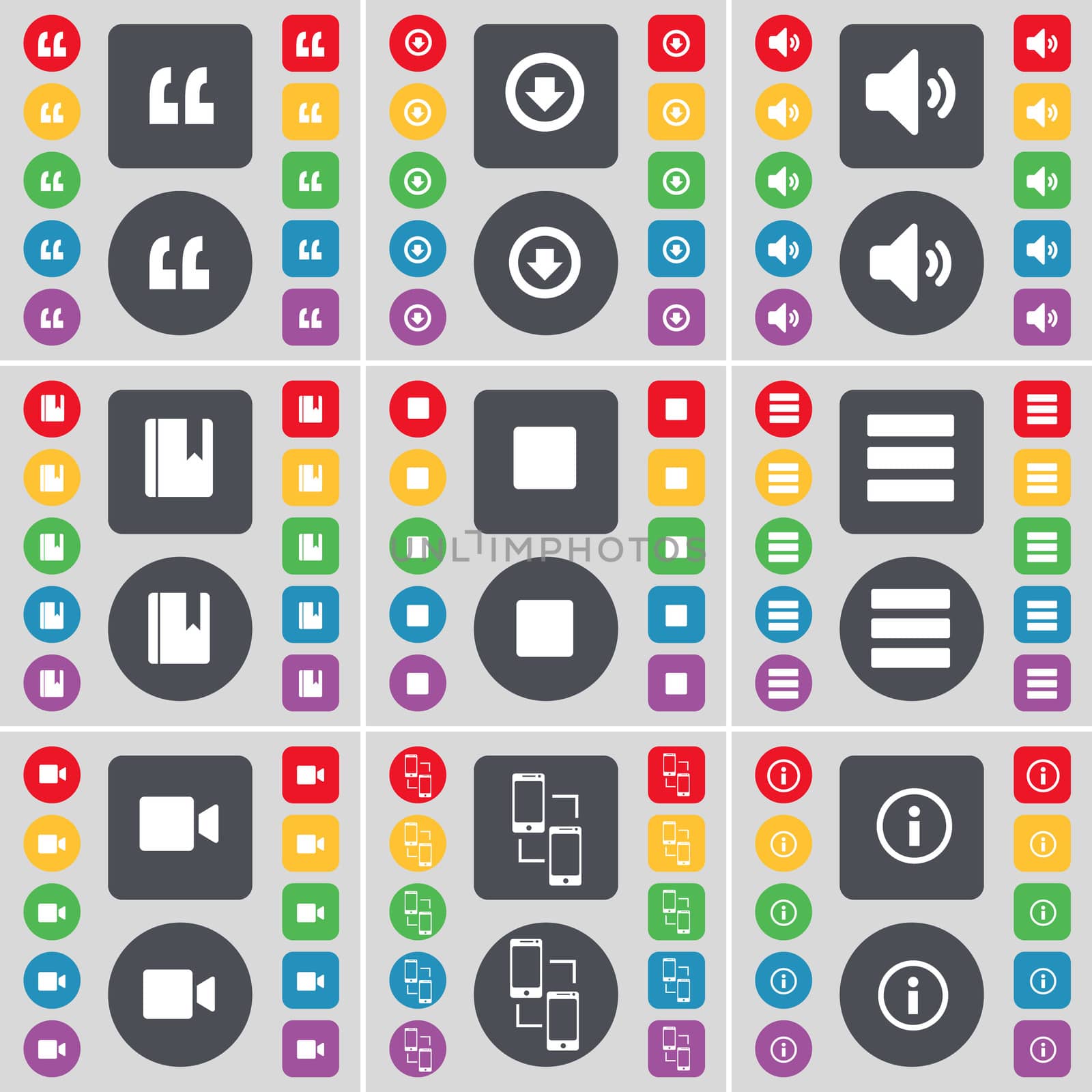 Quotation mark, Arrow down, Sound, Dictionary, Media stop, Apps, Film camera, Connection, Information icon symbol. A large set of flat, colored buttons for your design.  by serhii_lohvyniuk