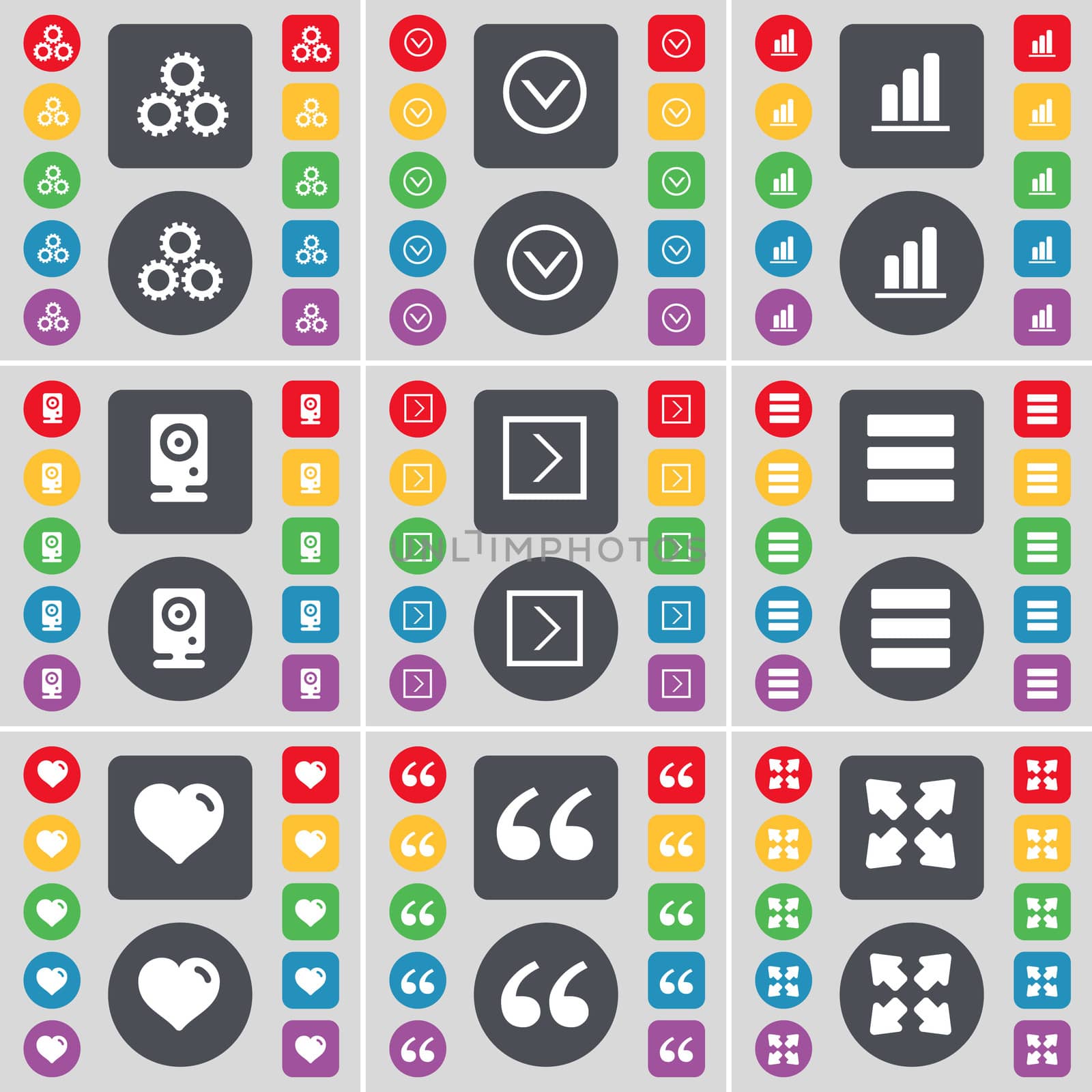 Gear, Arrow down, Diagram, Speaker, Arrow right, Apps, Heart, Quotation mark, Full screen icon symbol. A large set of flat, colored buttons for your design. illustration