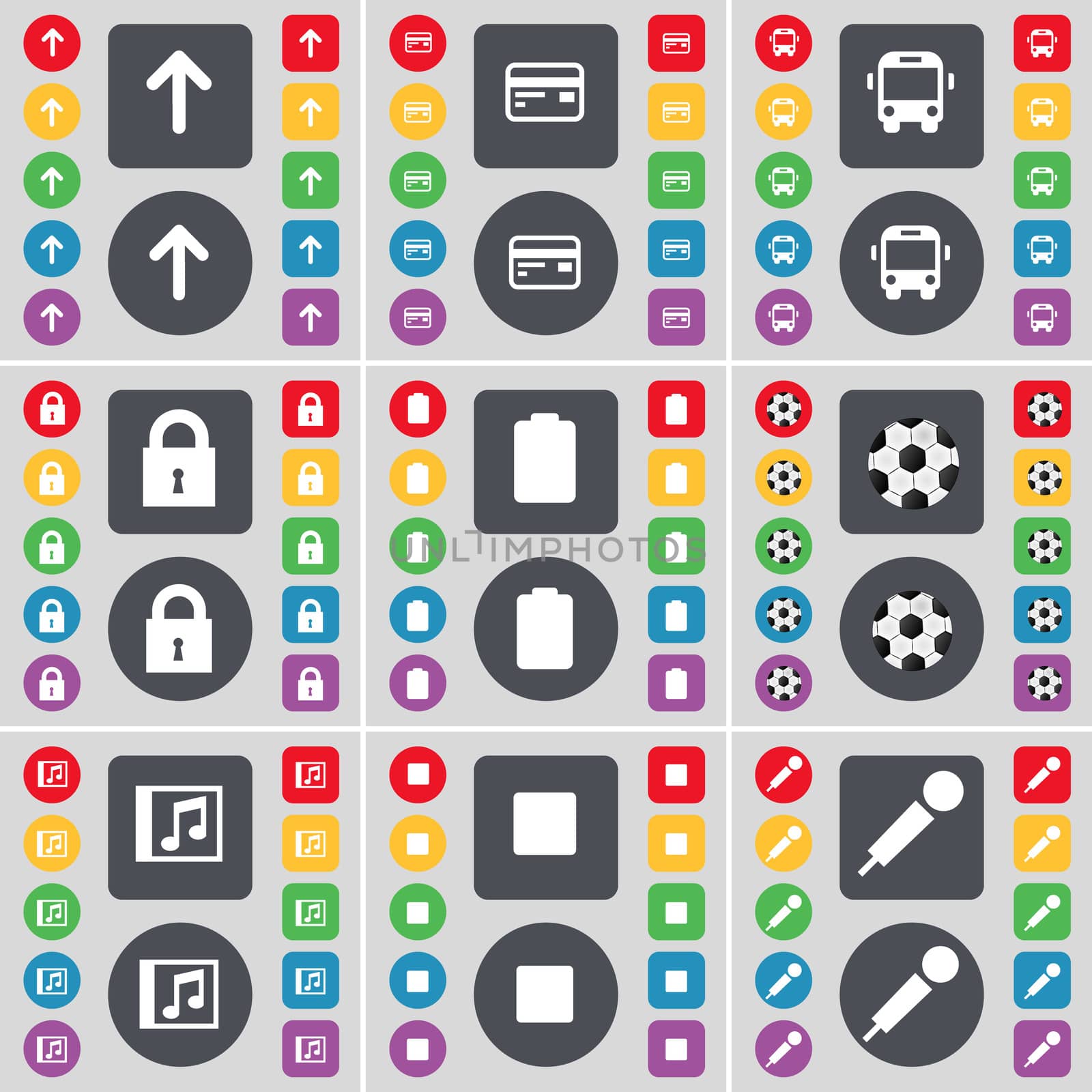 Arrow up, Credit card, Bus, Lock, Battery, Ball, Music window, Media stop, Microphone icon symbol. A large set of flat, colored buttons for your design. illustration