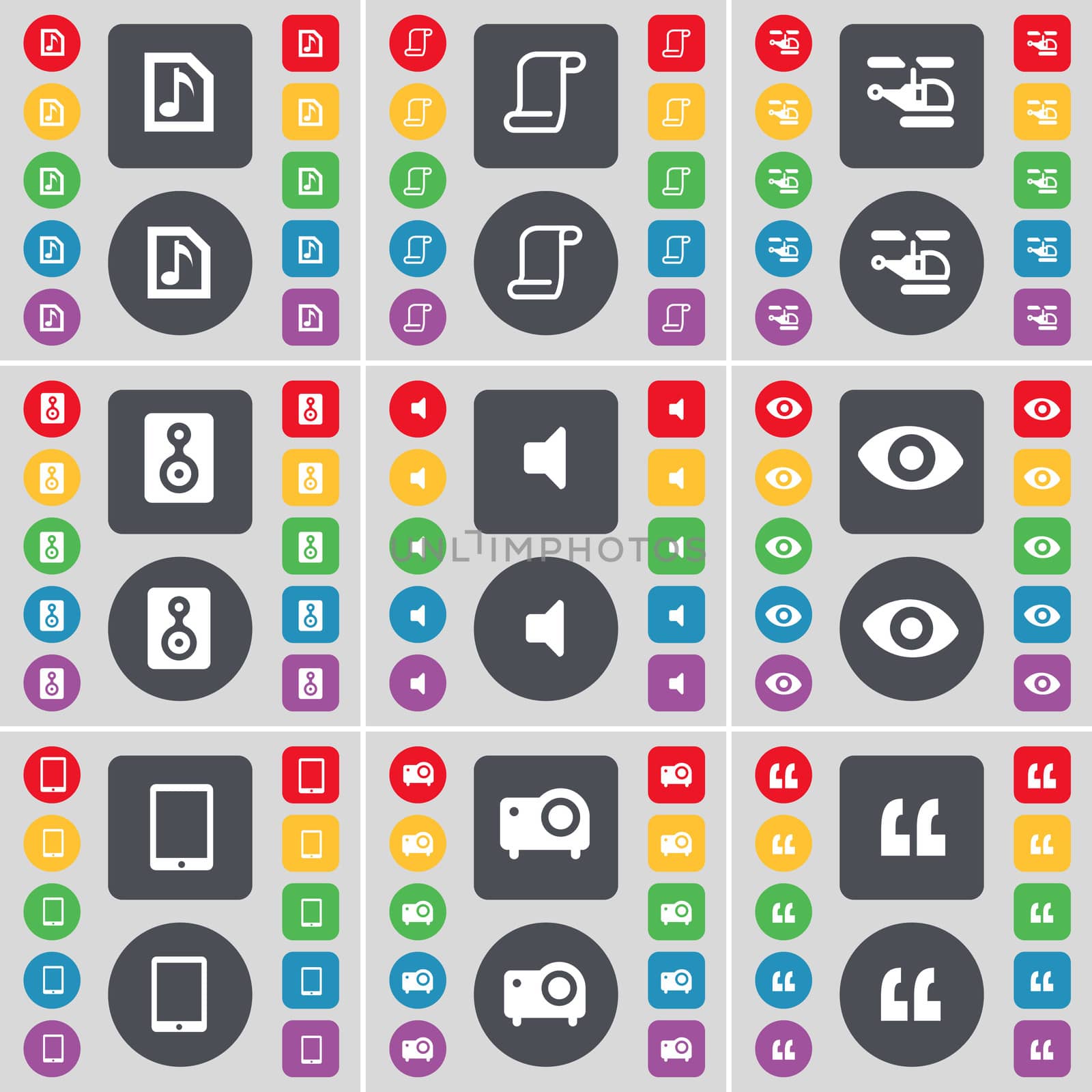 Music file, Scroll, Helicopter, Speaker, Sound, Vision, Tablet PC, Projector, Quotation mark icon symbol. A large set of flat, colored buttons for your design. illustration