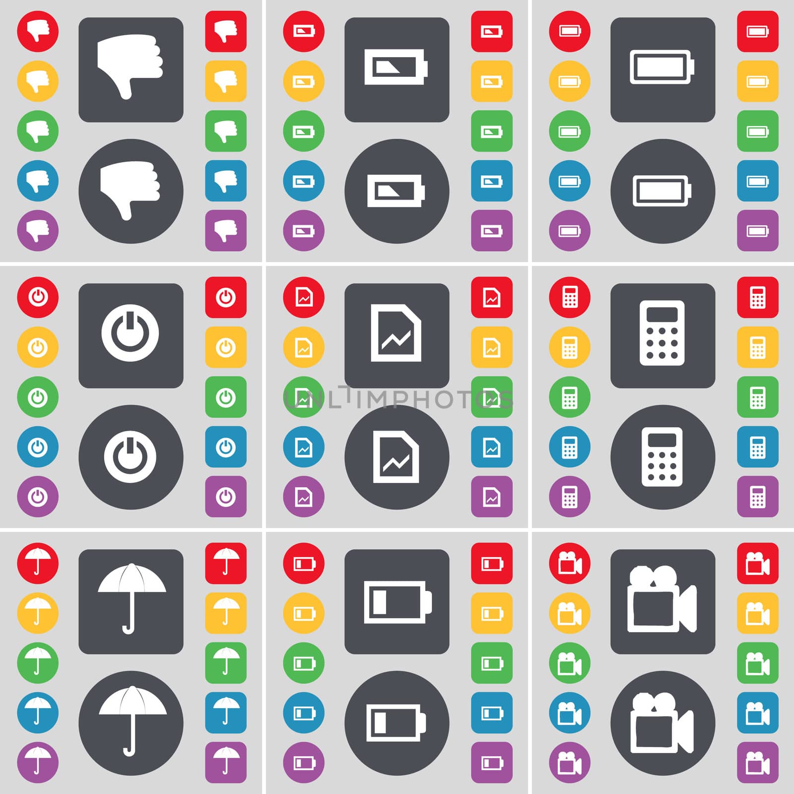 Dislike, Battery, Power, Graph file, Calculator, Umbrella, Battery, Film camera icon symbol. A large set of flat, colored buttons for your design. illustration