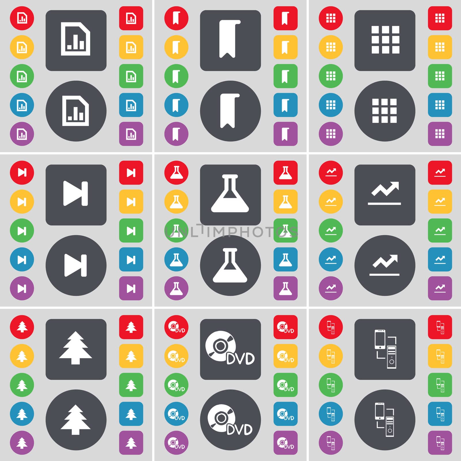 Diagram file, Marker, Apps, Media skip, Flask, Graph, Firtree, DVD, Connection icon symbol. A large set of flat, colored buttons for your design. illustration
