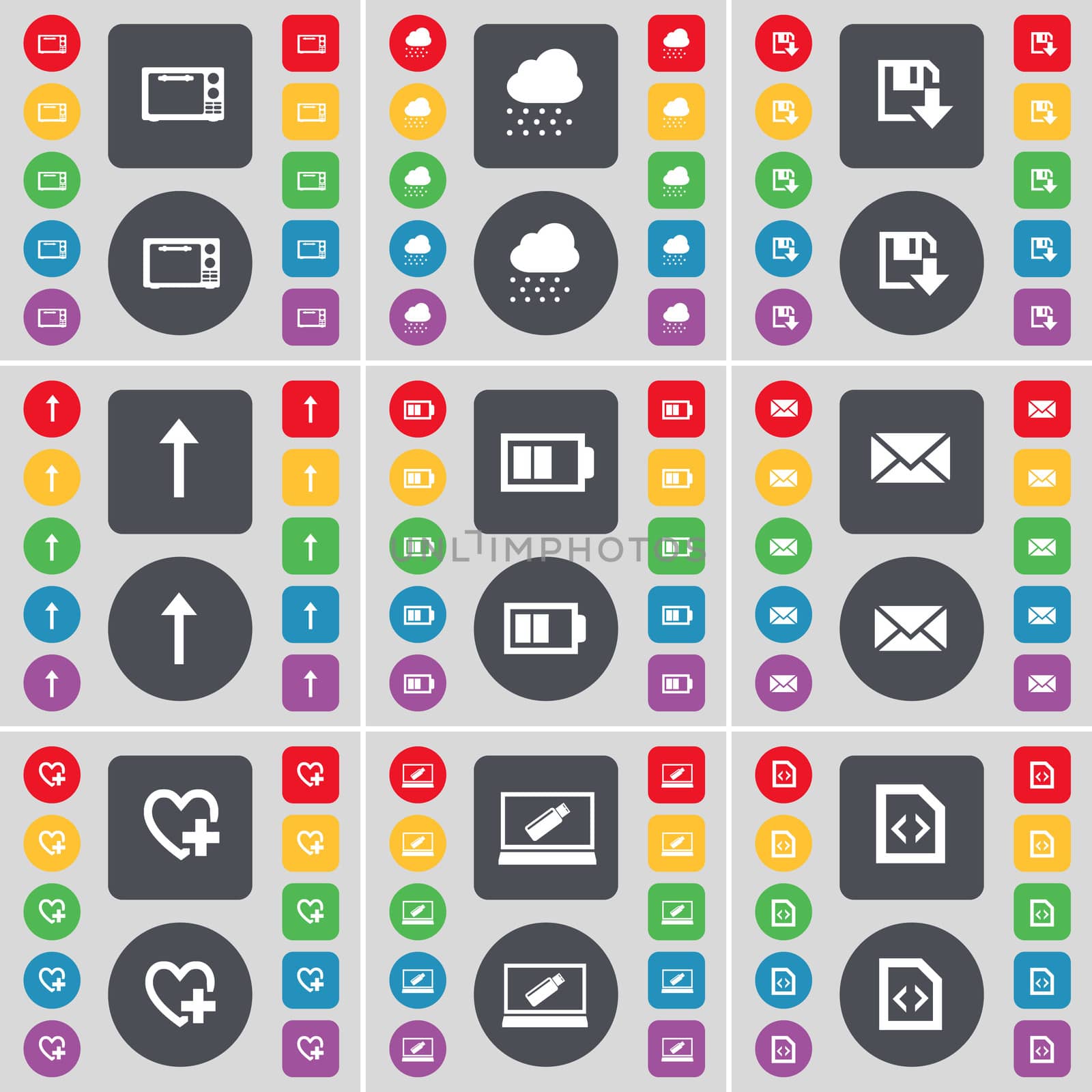 Microwave, Cloud, Floppy, Arrow up, Battery, Message, Heart, Laptop, File icon symbol. A large set of flat, colored buttons for your design.  by serhii_lohvyniuk