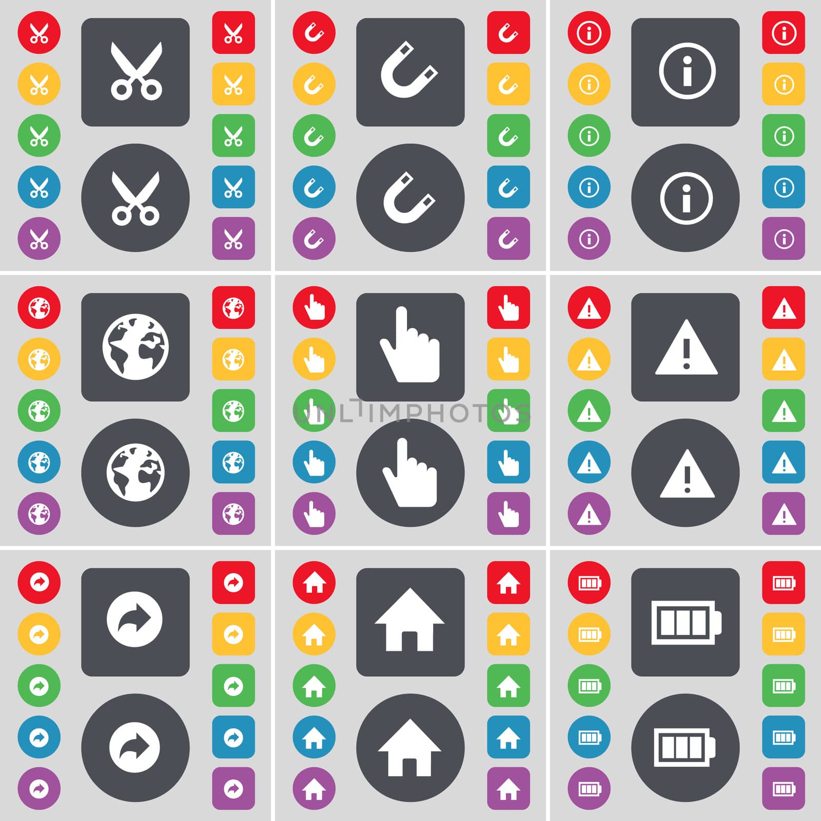 Scooter, Magnet, Information, Earth, Hand, Warning, Back, House, Battery icon symbol. A large set of flat, colored buttons for your design.  by serhii_lohvyniuk
