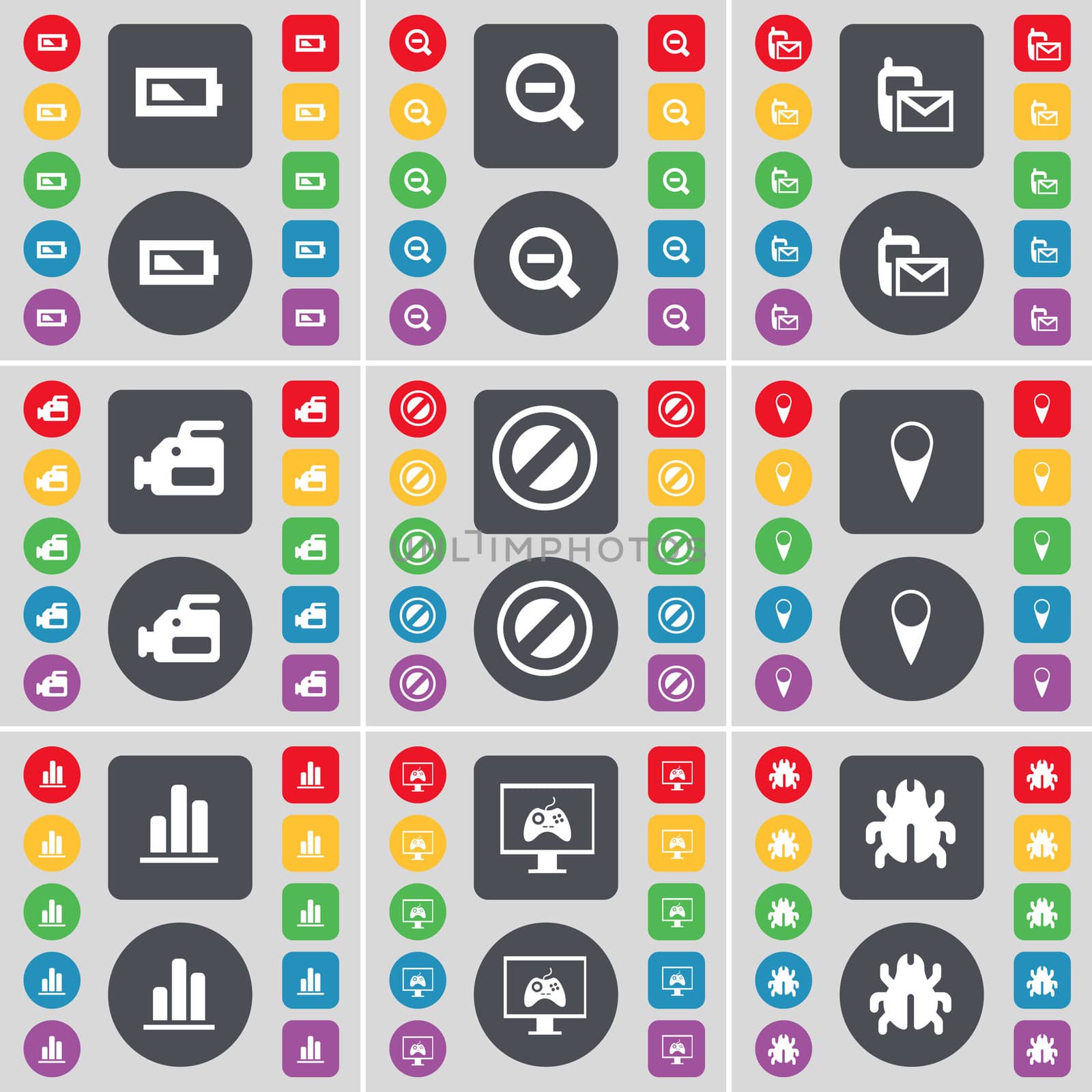 Battery, Minus, SMS, Film camera, Stop, Checkpoint, Diagram, Monitor, Bug icon symbol. A large set of flat, colored buttons for your design. illustration