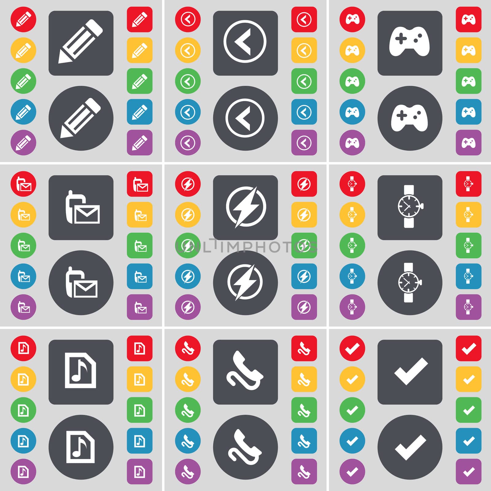 Pencil, Arrow left, Gamepad, SMS, Flash, Wrist watch, Music file, Receiver, Tick icon symbol. A large set of flat, colored buttons for your design.  by serhii_lohvyniuk
