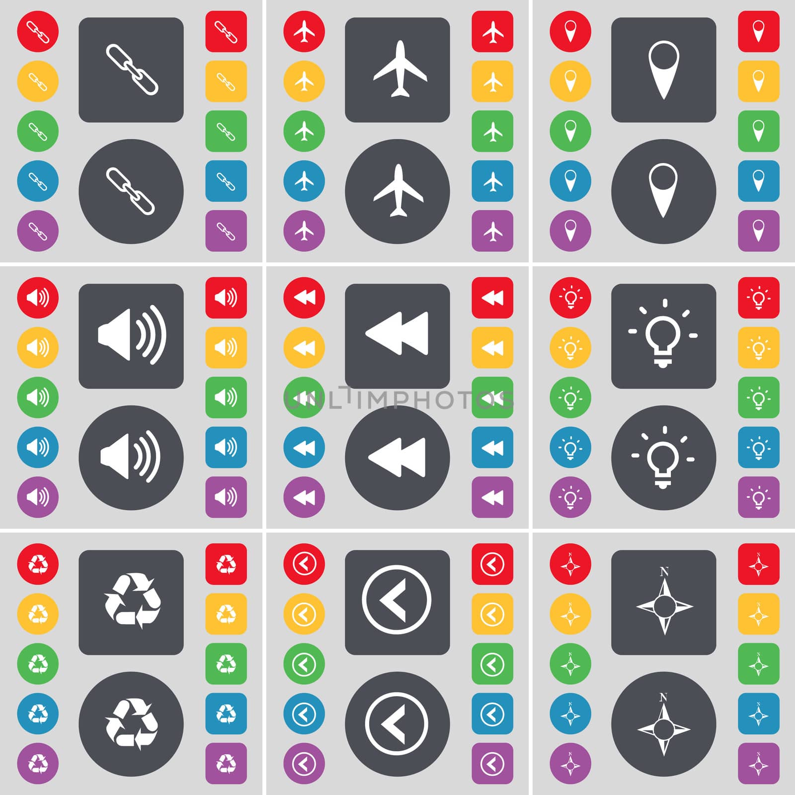 Link, Airplane, Checkpoint, Sound, Rewind, Light bulb, Recycling, Arrow left, Compass icon symbol. A large set of flat, colored buttons for your design.  by serhii_lohvyniuk