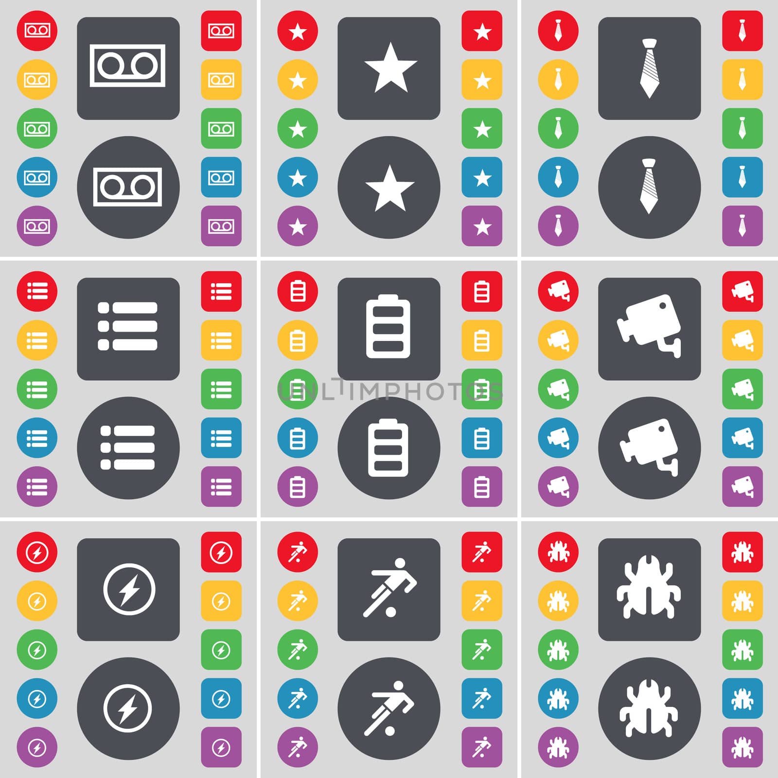 Cassette, Star, Tie, List, Battery, CCTV, Flash, Football, Bug icon symbol. A large set of flat, colored buttons for your design. illustration