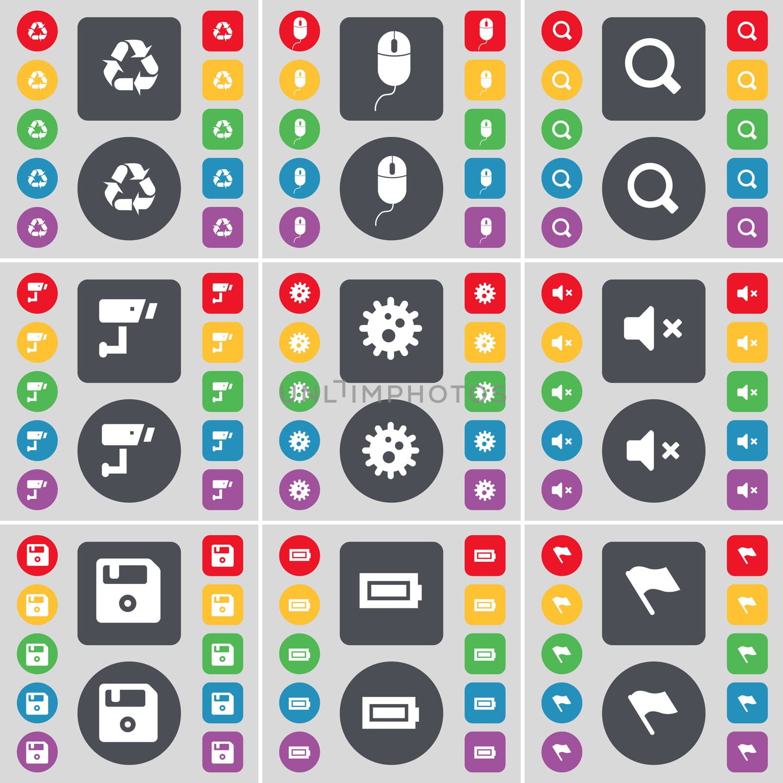 Recycling, Mouse, Magnifying glass, CCTV, Gear, Mute, Floppy, Battery, Flag icon symbol. A large set of flat, colored buttons for your design.  by serhii_lohvyniuk