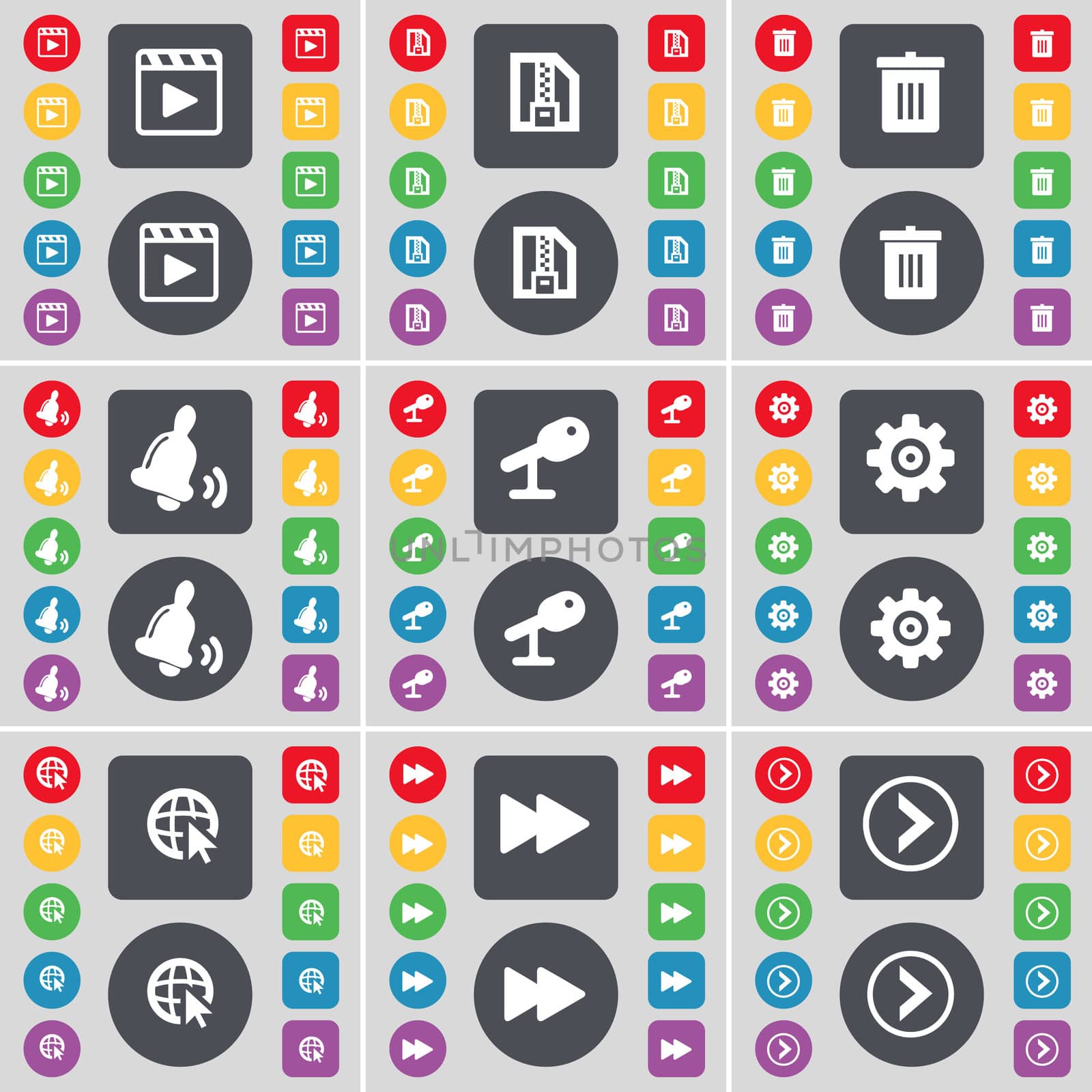 Media player, ZIP file, Trash can, Bell, Microphone, Gear, Web cursor, Rewind, Arrow right icon symbol. A large set of flat, colored buttons for your design.  by serhii_lohvyniuk