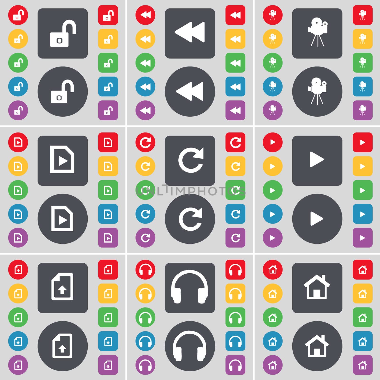Lock, Rewind, Film camera, Music file, Reload, Media play, File, Headphones, House icon symbol. A large set of flat, colored buttons for your design.  by serhii_lohvyniuk