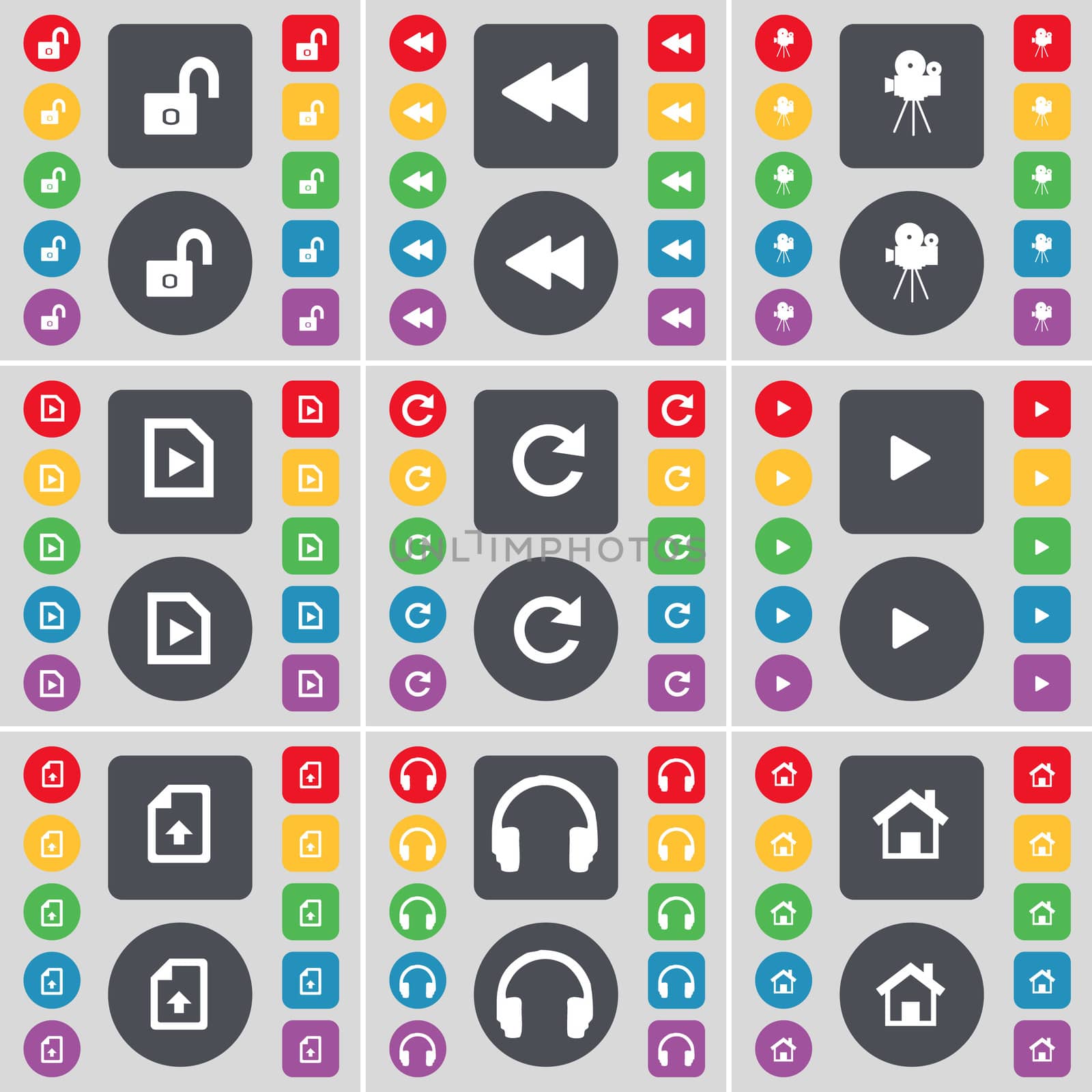 Lock, Rewind, Film camera, Music file, Reload, Media play, File, Headphones, House icon symbol. A large set of flat, colored buttons for your design. illustration