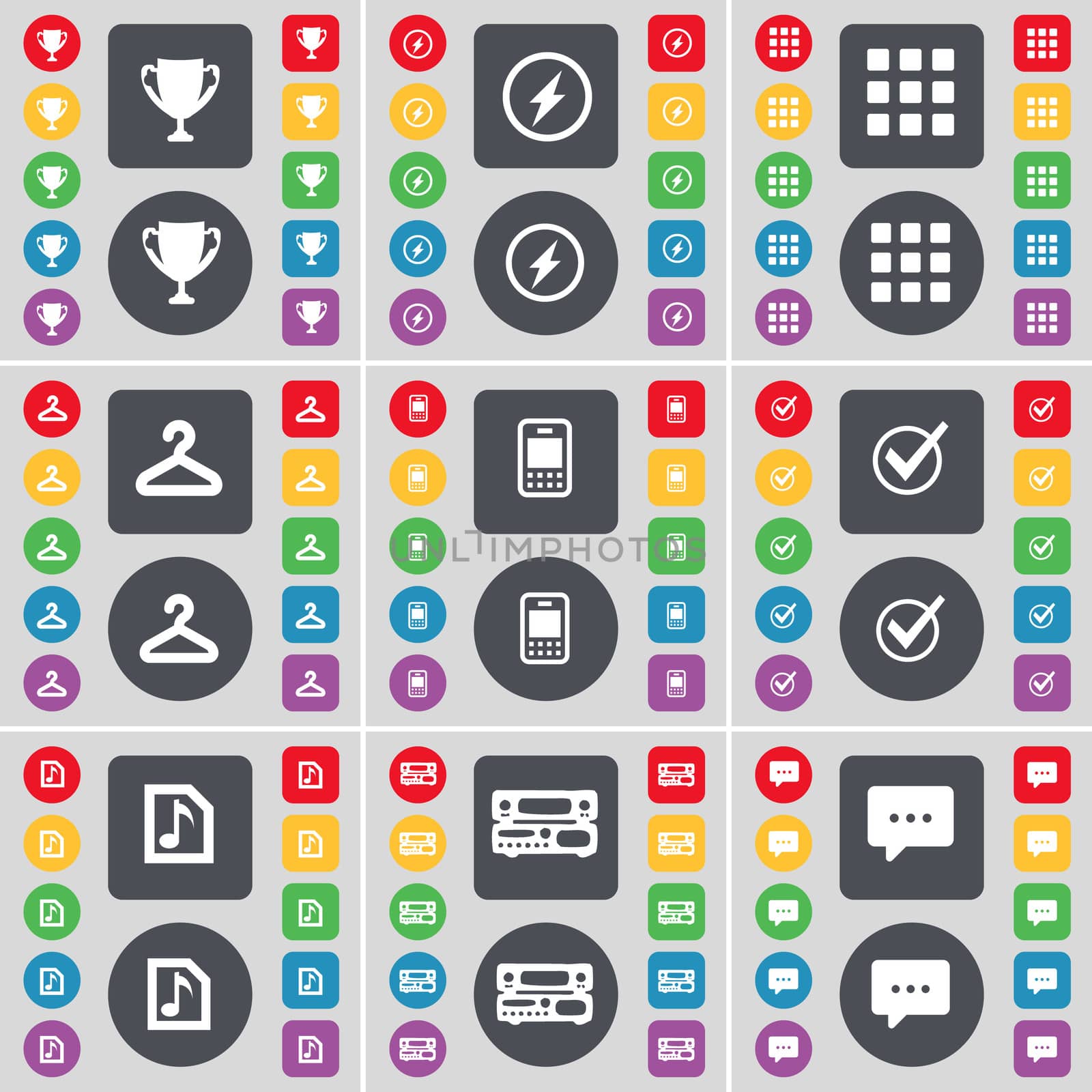 Cup, Flash, Apps, Hanger, Mobile phone, Tick, Music file, Record-player, Chat bubble icon symbol. A large set of flat, colored buttons for your design.  by serhii_lohvyniuk