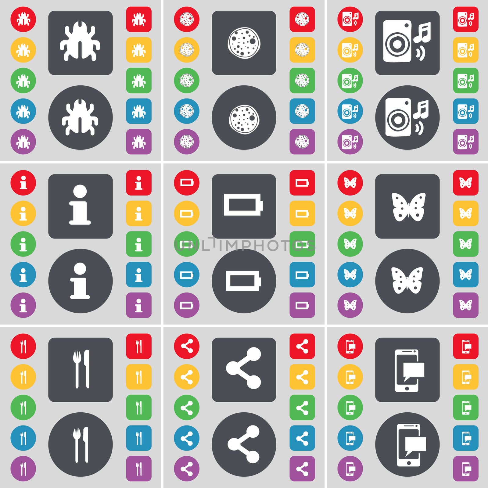 Bug, Pizza, Speaker, Information, Battery, Batterfly, Fork and knife, Share, SMS icon symbol. A large set of flat, colored buttons for your design.  by serhii_lohvyniuk