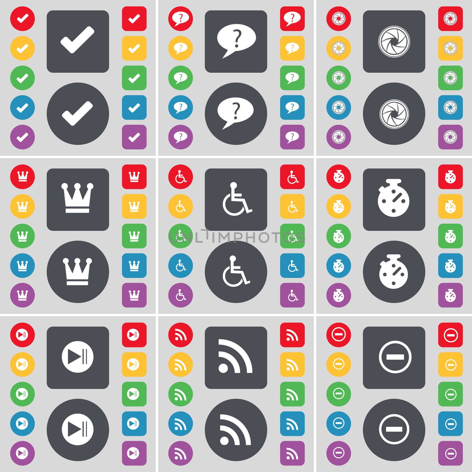 Tick, Chat bubble, Lens, Crown, Disabled person, Stopwatch, Media skip, RSS, Minus icon symbol. A large set of flat, colored buttons for your design. illustration