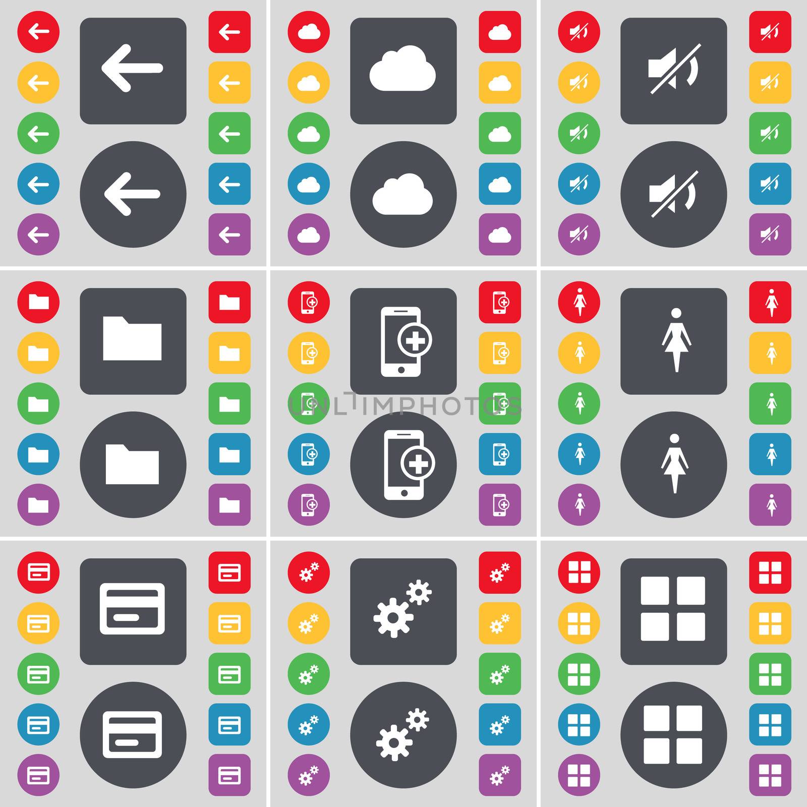 Arrow left, Cloud, Mute, Folder, Smartphone, Silhouette, Credit card, Gear, Apps icon symbol. A large set of flat, colored buttons for your design. illustration