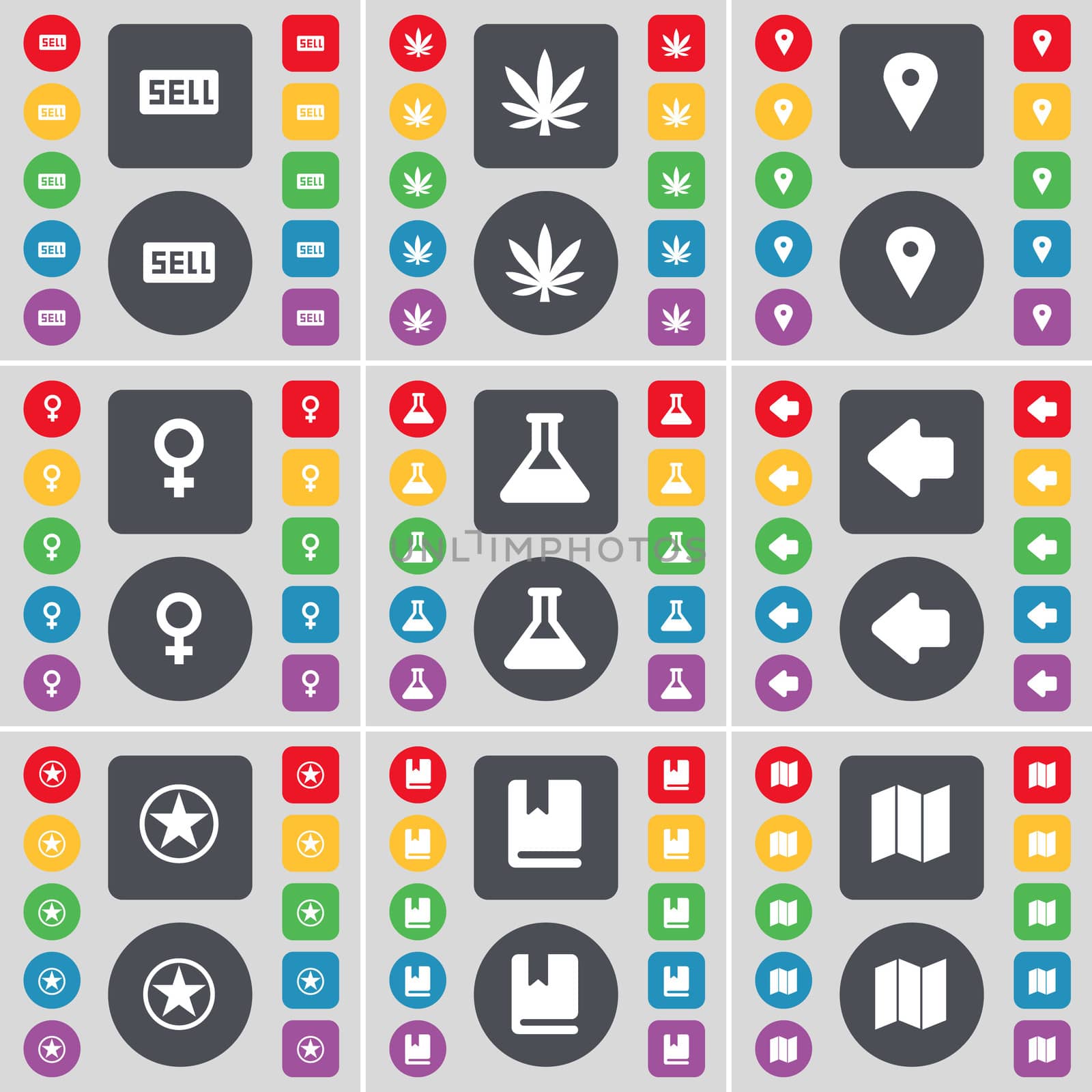 Sell, Marijuana, Checkpoint, Venus symbol, Flask, Arrow left, Star, Dictionary, Map icon symbol. A large set of flat, colored buttons for your design. illustration