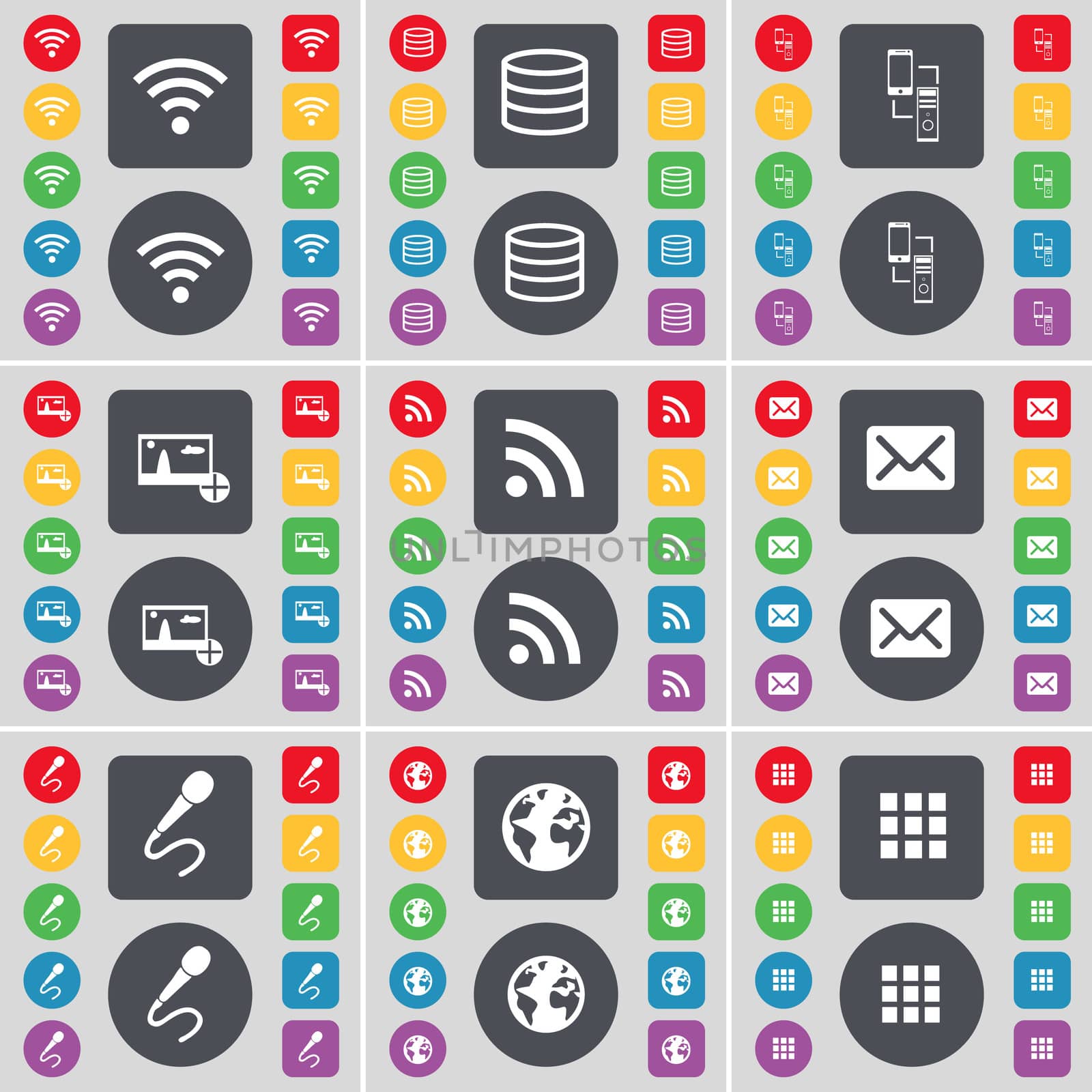 Wi-Fi, Database, Connection, Picture, RSS, Message, Microphone, Earth, Apps icon symbol. A large set of flat, colored buttons for your design. illustration