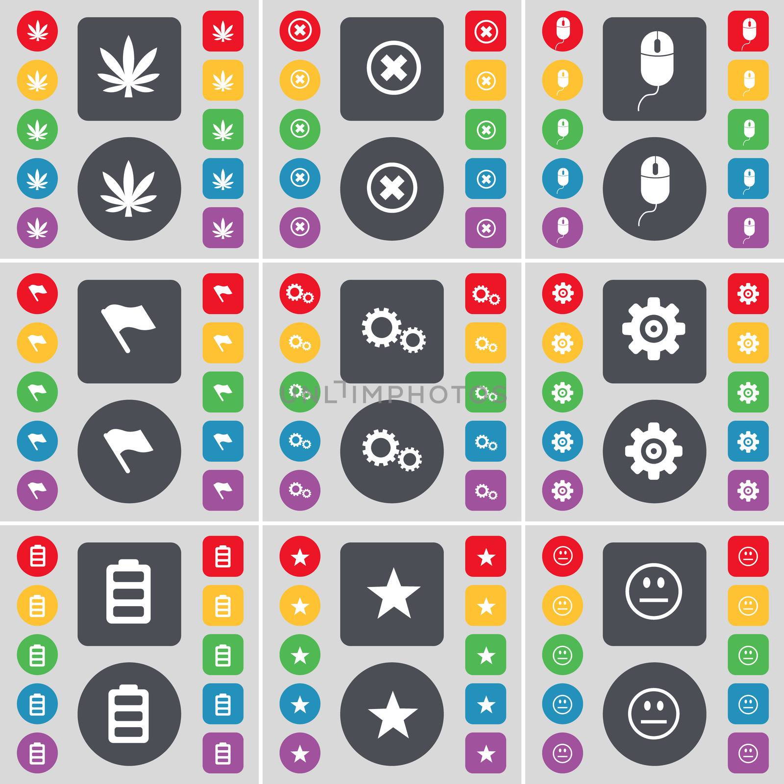 Marijuana, Stop, Mouse, Flag, Gear, Battery, Star, Smile icon symbol. A large set of flat, colored buttons for your design.  by serhii_lohvyniuk