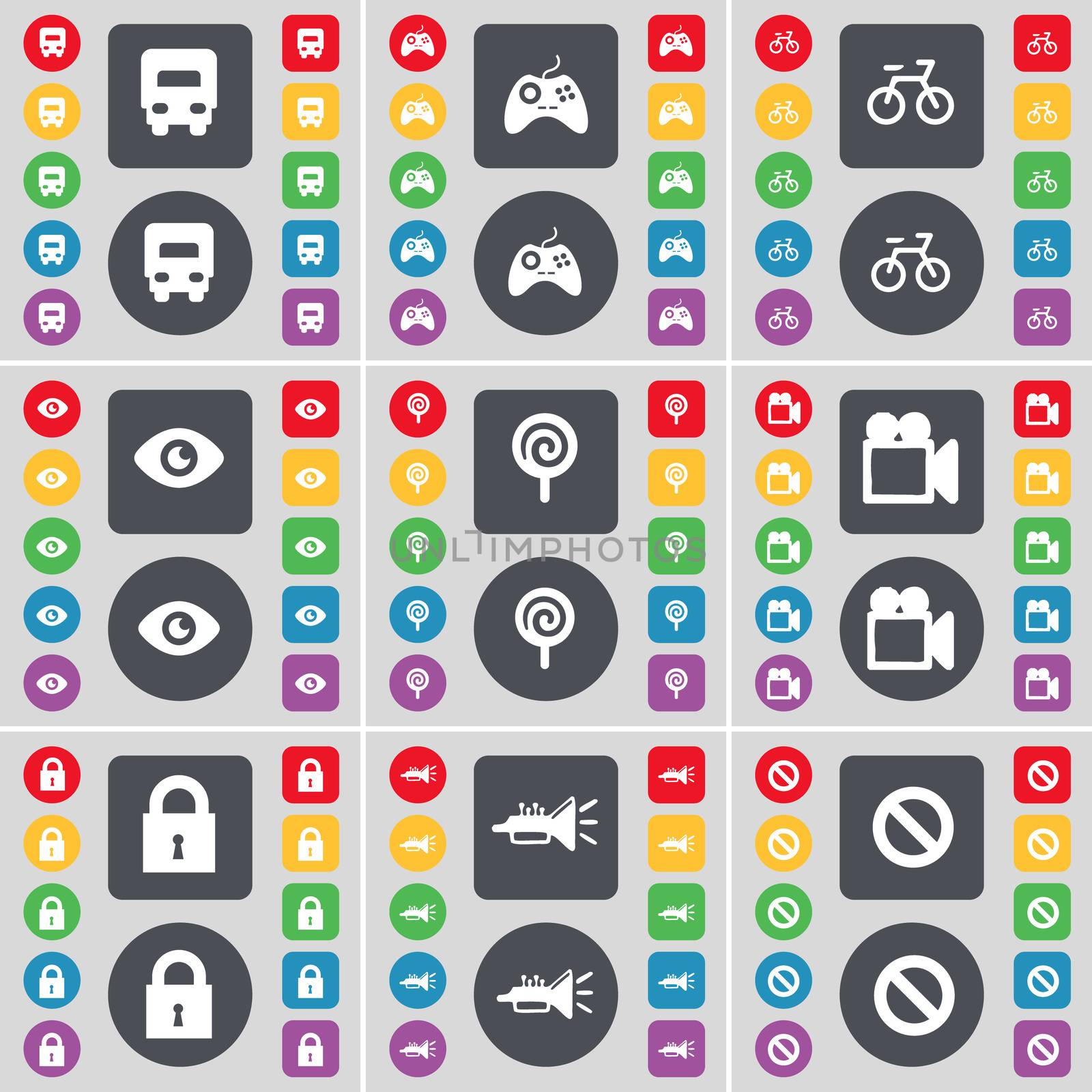 Truck, Gamepad, Bicycle, Vision, Lollipop, Film camera, Lock, Trumped, Stop icon symbol. A large set of flat, colored buttons for your design.  by serhii_lohvyniuk