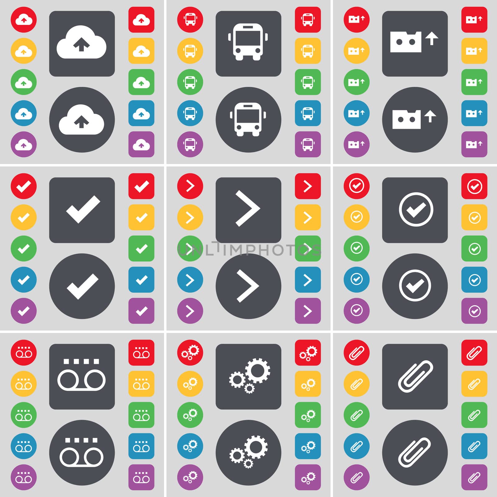 Cloud, Bus, Cassette, Tick, Arrow right, Tick, Gear, Clip icon symbol. A large set of flat, colored buttons for your design.  by serhii_lohvyniuk