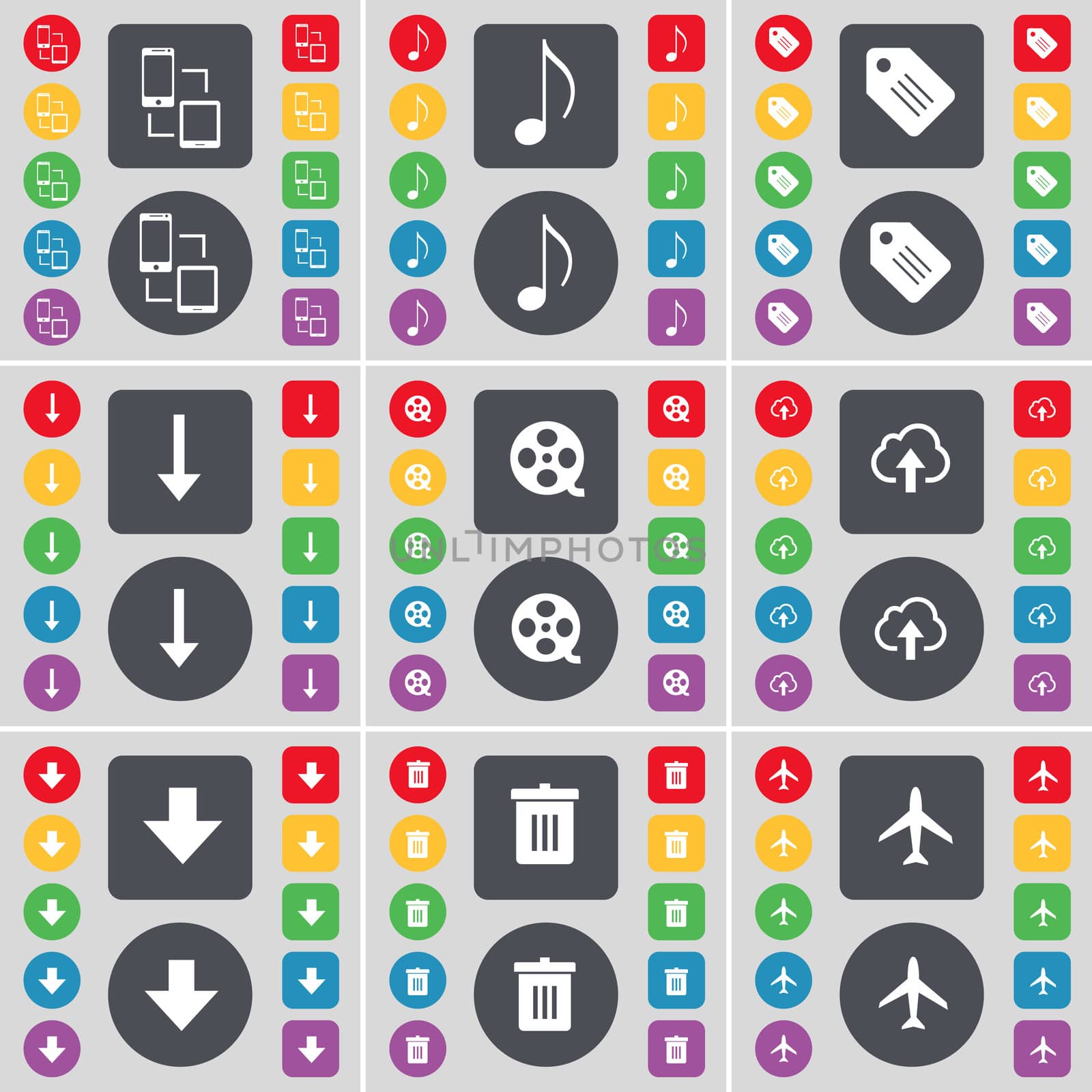 Connection, Note, Tag, Arrow down, Videotape, Cloud, Arrow down, Trash can, Airplane icon symbol. A large set of flat, colored buttons for your design. illustration