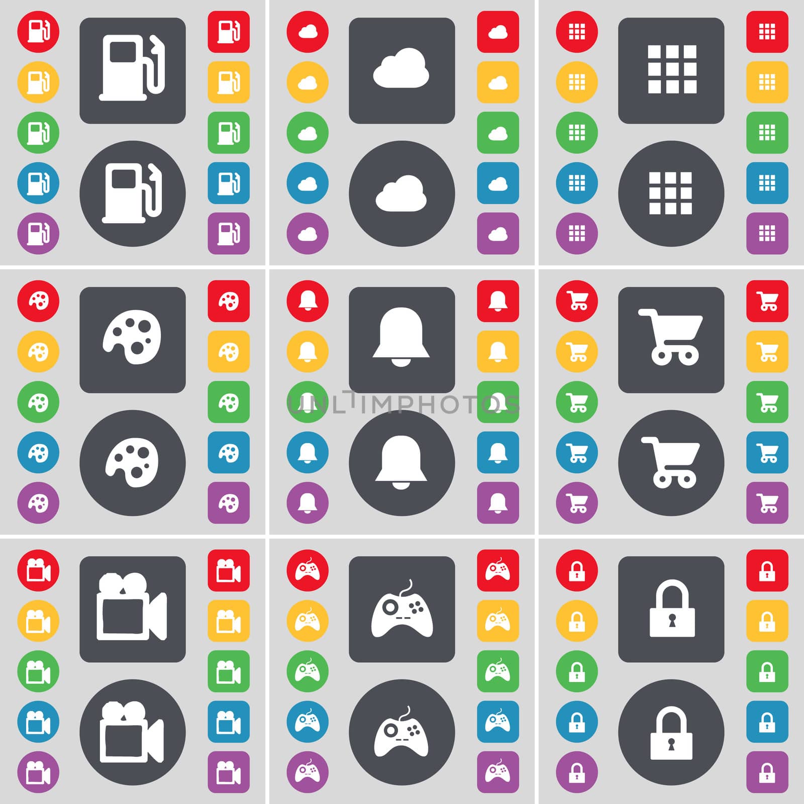 Gas station, Cloud, Apps, Palette, Notification, Shopping cart, Film camera, Gamepad, Lock icon symbol. A large set of flat, colored buttons for your design. illustration
