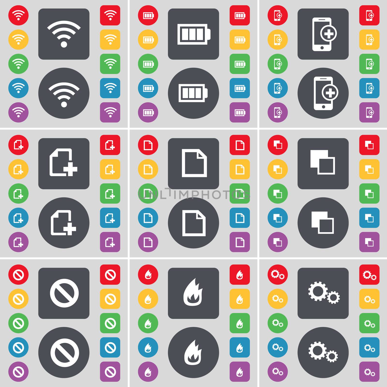 Wi-Fi, Battery, Smartphone, File, Copy, Stop, Fire, Gear icon symbol. A large set of flat, colored buttons for your design. illustration