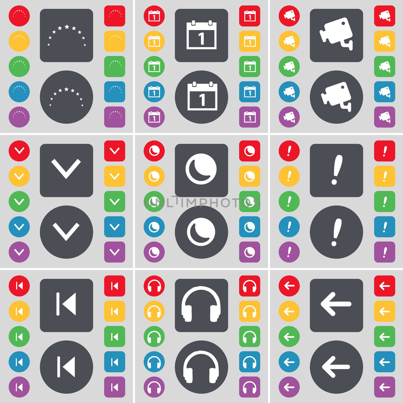 Star, Calendar, CCTV, Arrow down, Moon, Exclamation mark, Media skip, Headphones, Arrow left icon symbol. A large set of flat, colored buttons for your design. illustration