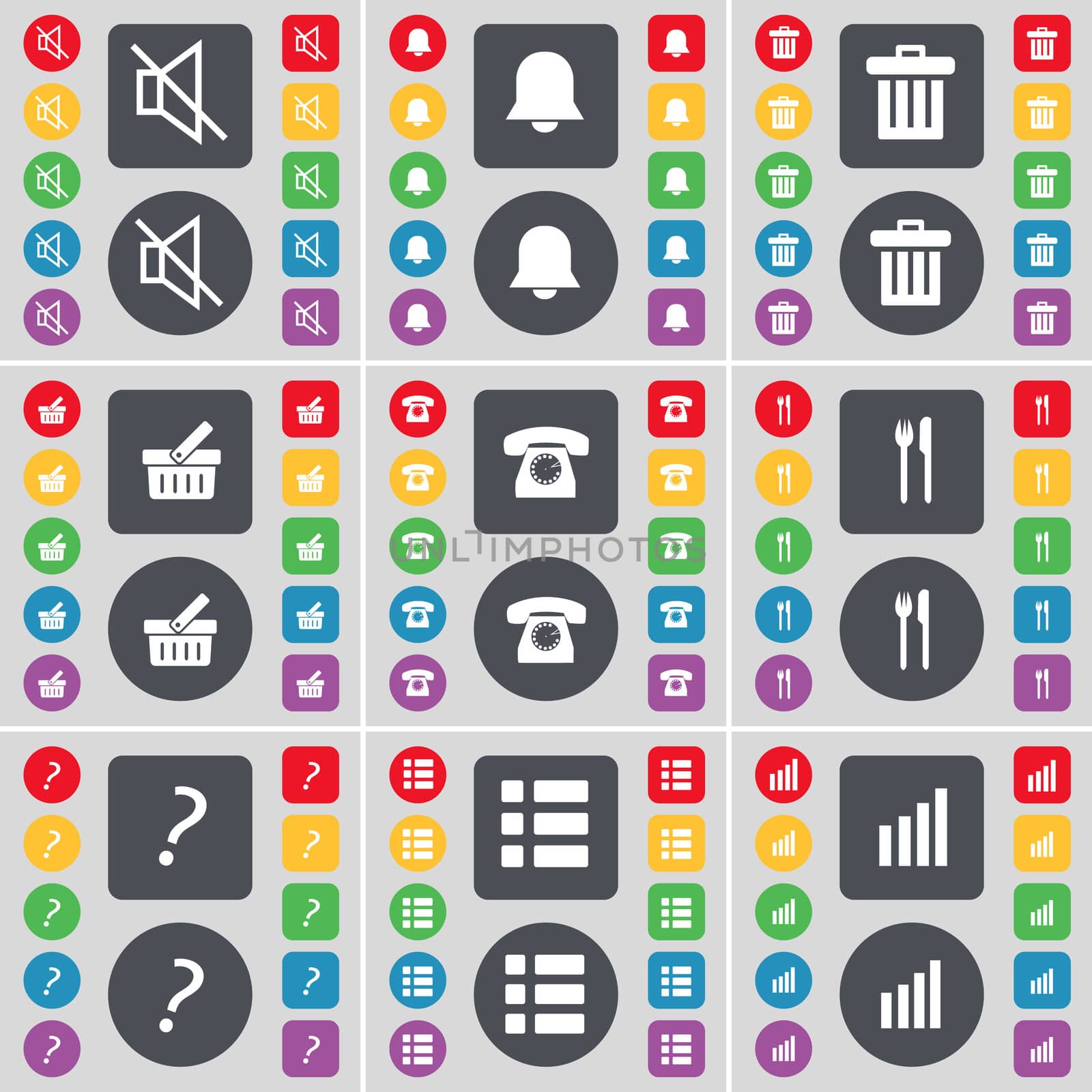 Mute, Notification, Trash can, Basket, Retro phone, Fork and knife, Question mark, List, Diagram icon symbol. A large set of flat, colored buttons for your design. illustration