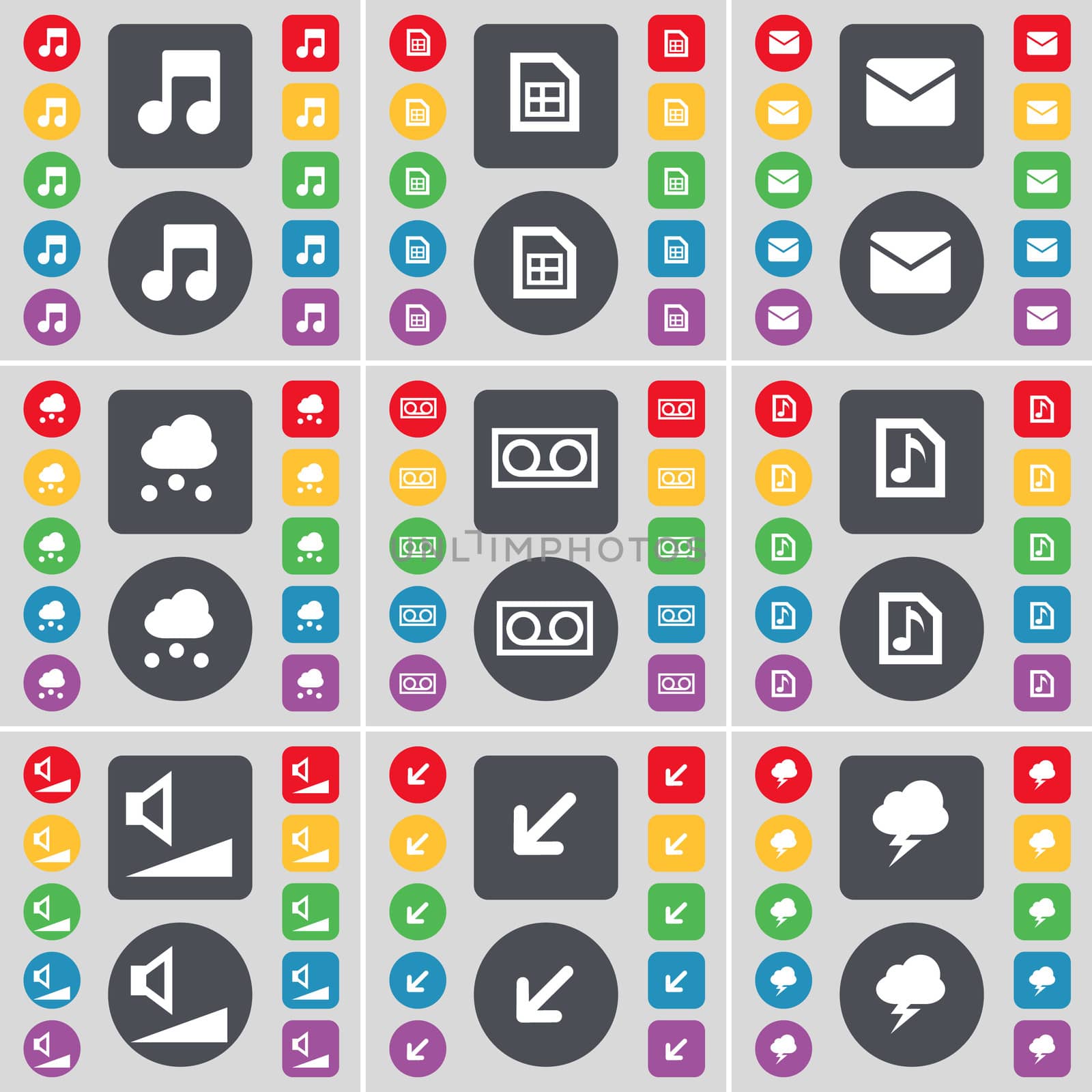 Note, File, Message, Cloud, Cassette, Music file, Volume, Deploying screen, Lightning icon symbol. A large set of flat, colored buttons for your design.  by serhii_lohvyniuk