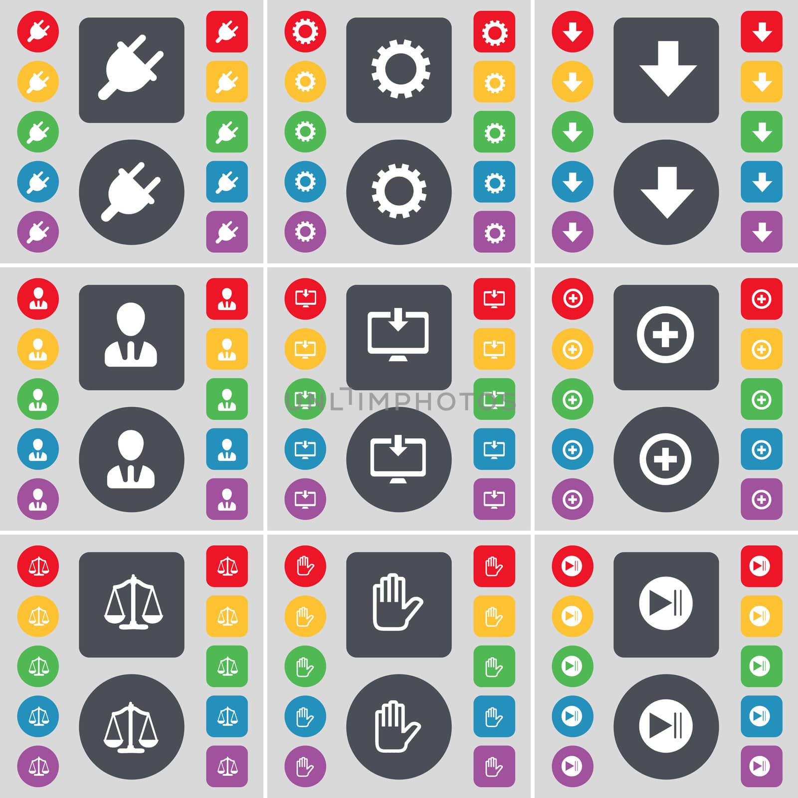 Socket, Gear, Arrow down, Avatar, Monitor, Plus, Scales, Hand, Media skip icon symbol. A large set of flat, colored buttons for your design.  by serhii_lohvyniuk