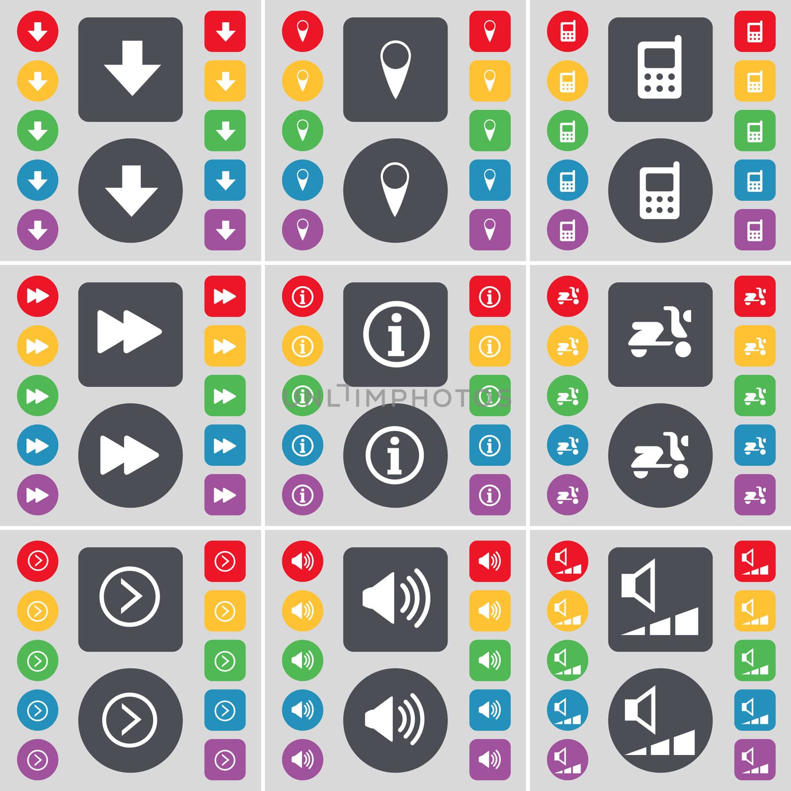 Arrow down, Checkpoint, Mobile phone, Rewind, Informmation, Scooter, Arrow right, Sound, Volume icon symbol. A large set of flat, colored buttons for your design.  by serhii_lohvyniuk