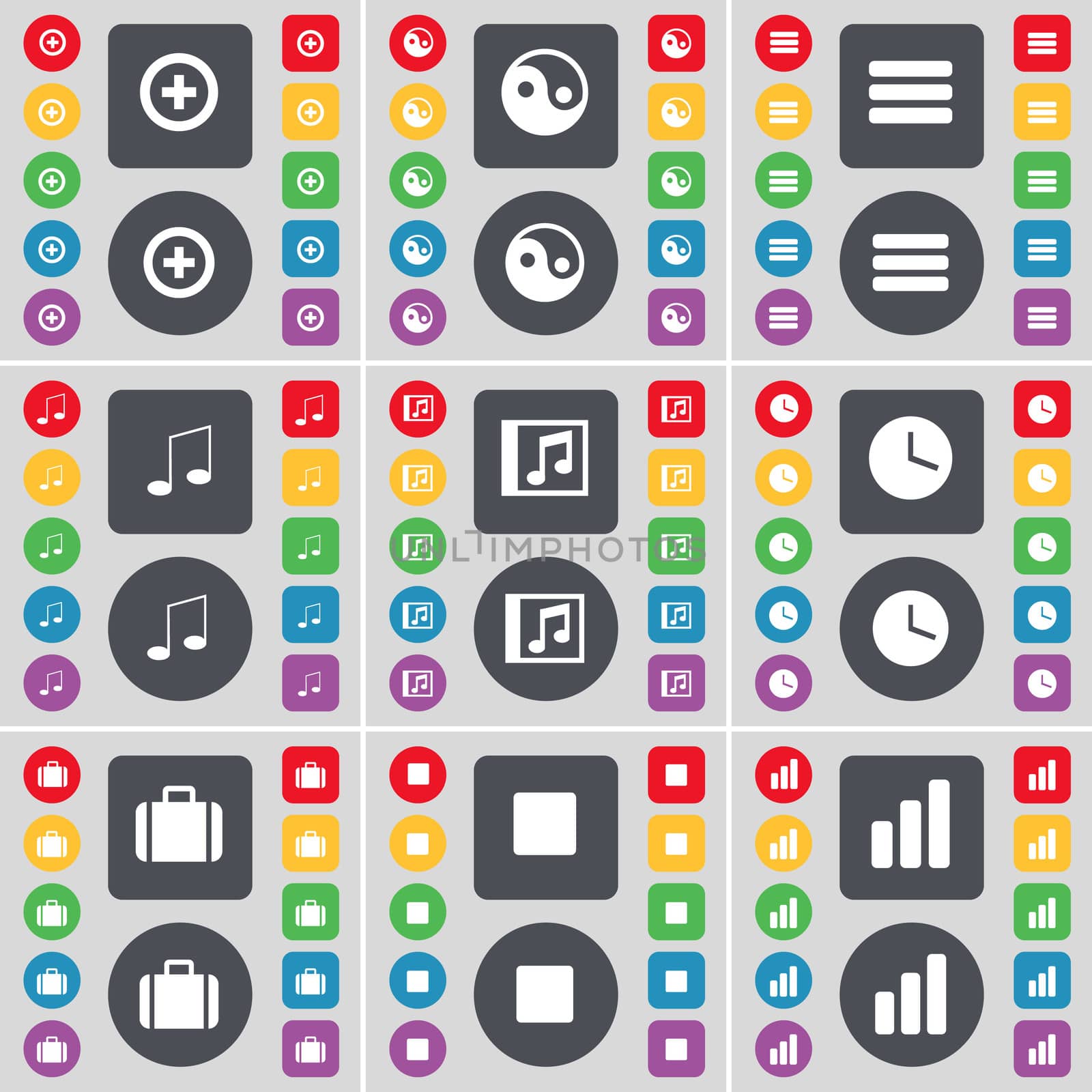 Plus, Yin-Yang, Apps, Note, Music window, Clock, Suitcase, Media stop, Diagram icon symbol. A large set of flat, colored buttons for your design. illustration