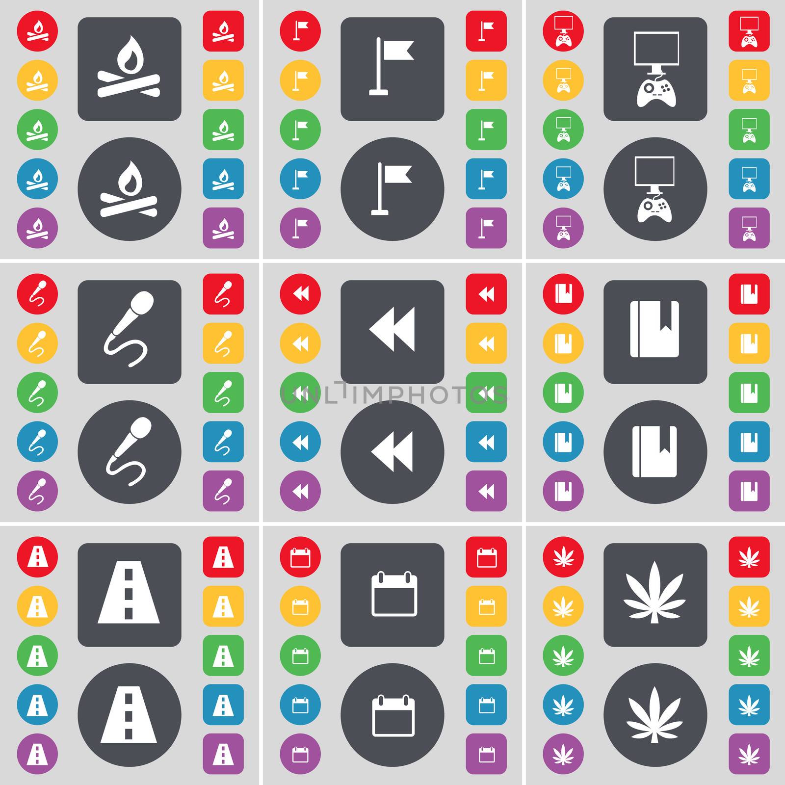 Campfire, Golf hole, Game console, Microphone, Rewind, Dictionary, Road, Calendar, Marijuana icon symbol. A large set of flat, colored buttons for your design.  by serhii_lohvyniuk