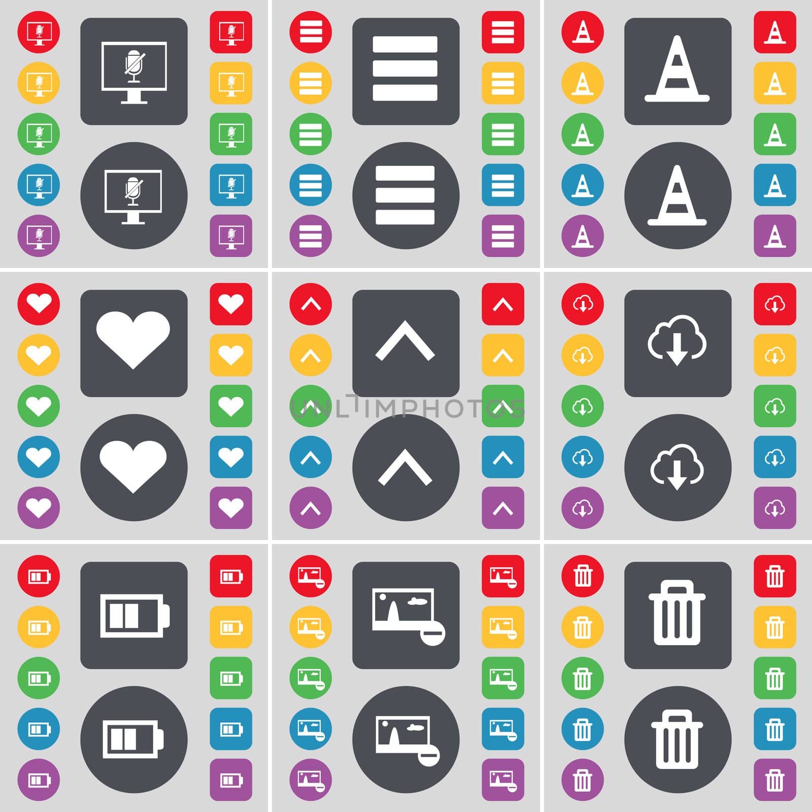 Monitor, Apps, Cone, Heart, Arrow up, Cloud, Battery, Picture, Trash can icon symbol. A large set of flat, colored buttons for your design.  by serhii_lohvyniuk