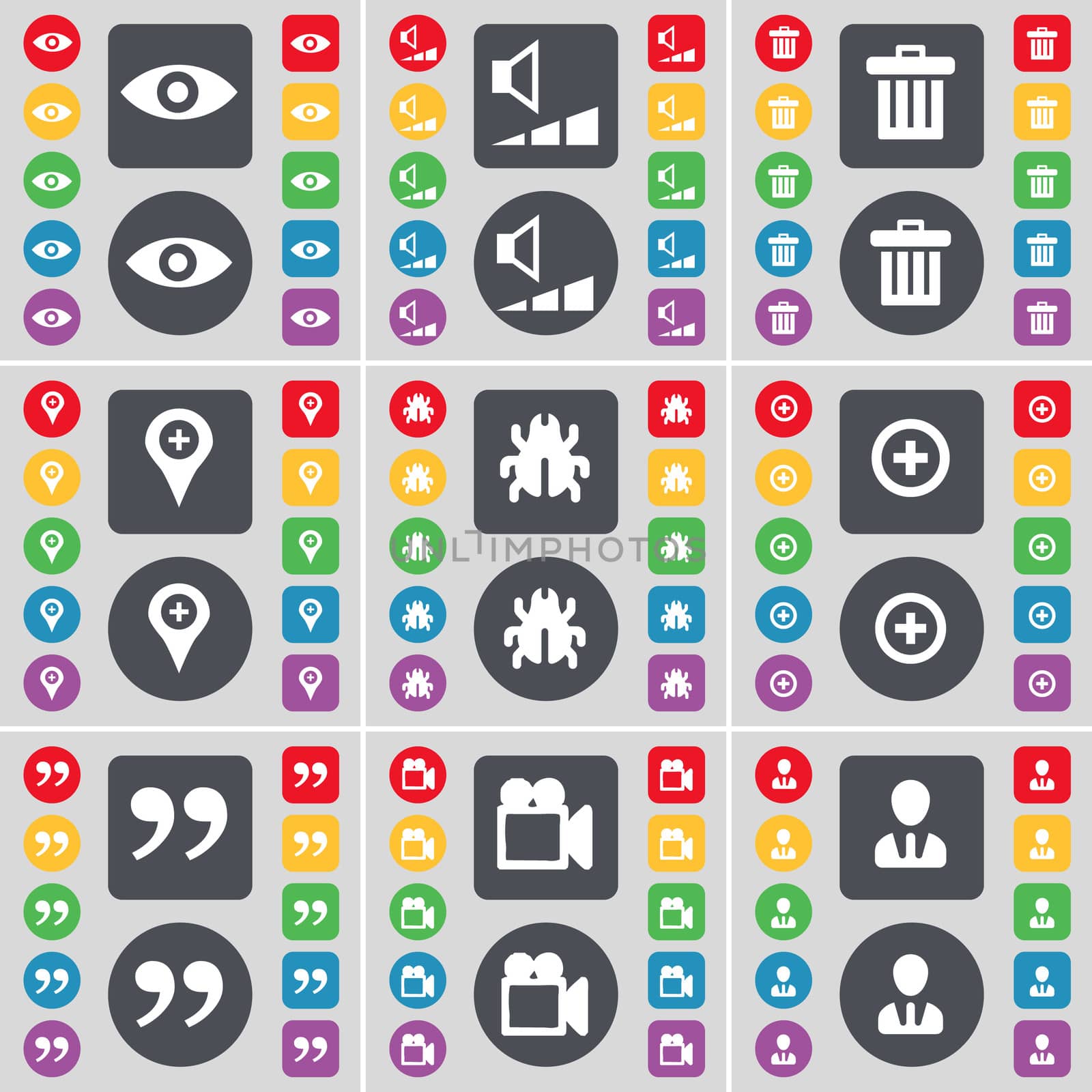 Vision, Volume, Trash can, Checkpoint, Bug, Plus, Quotation mark, Film camera, Avatar icon symbol. A large set of flat, colored buttons for your design. illustration