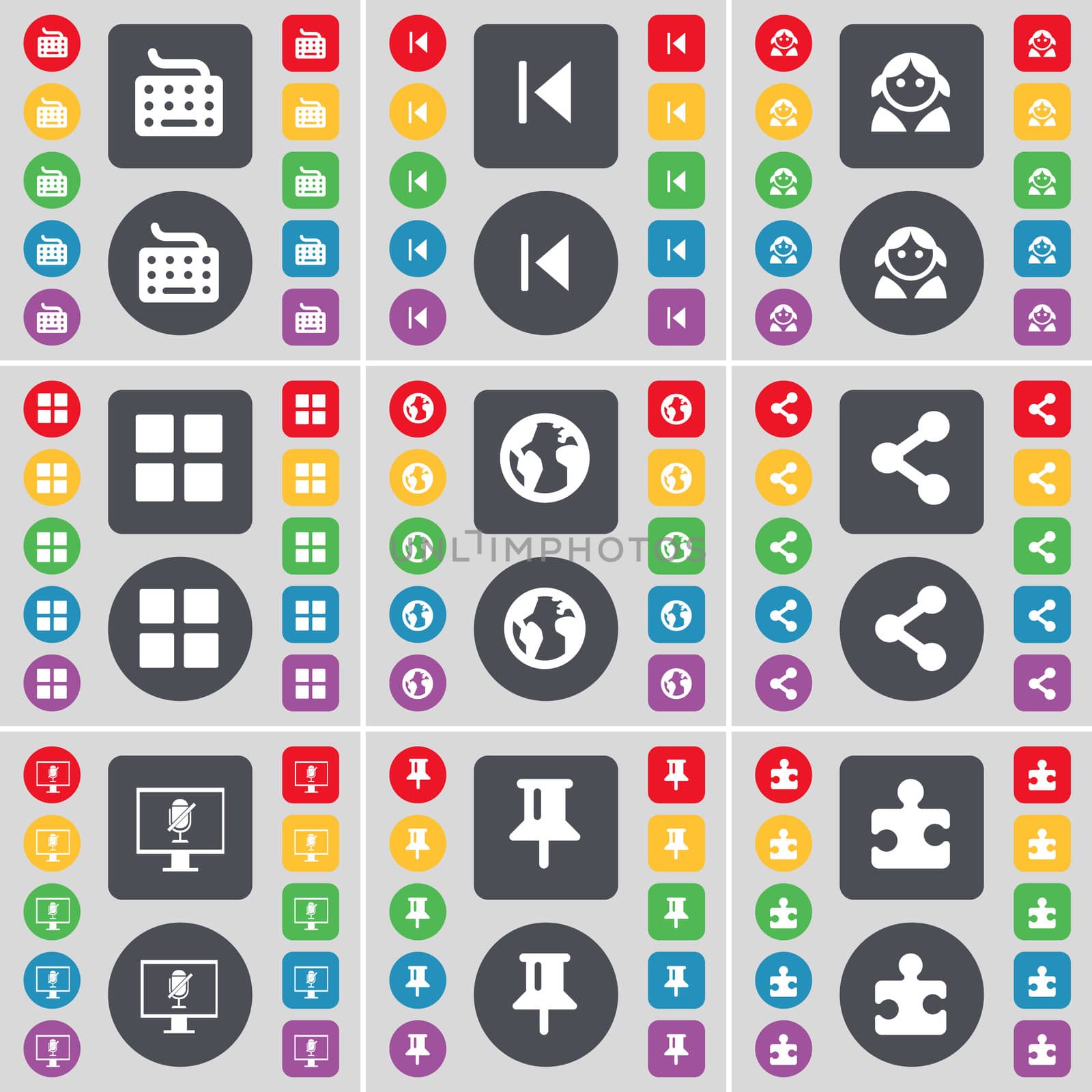 Keyboard, Media skip, Avatar, Apps, Earth, Share, Monitor, Pin, Puzzle part icon symbol. A large set of flat, colored buttons for your design.  by serhii_lohvyniuk