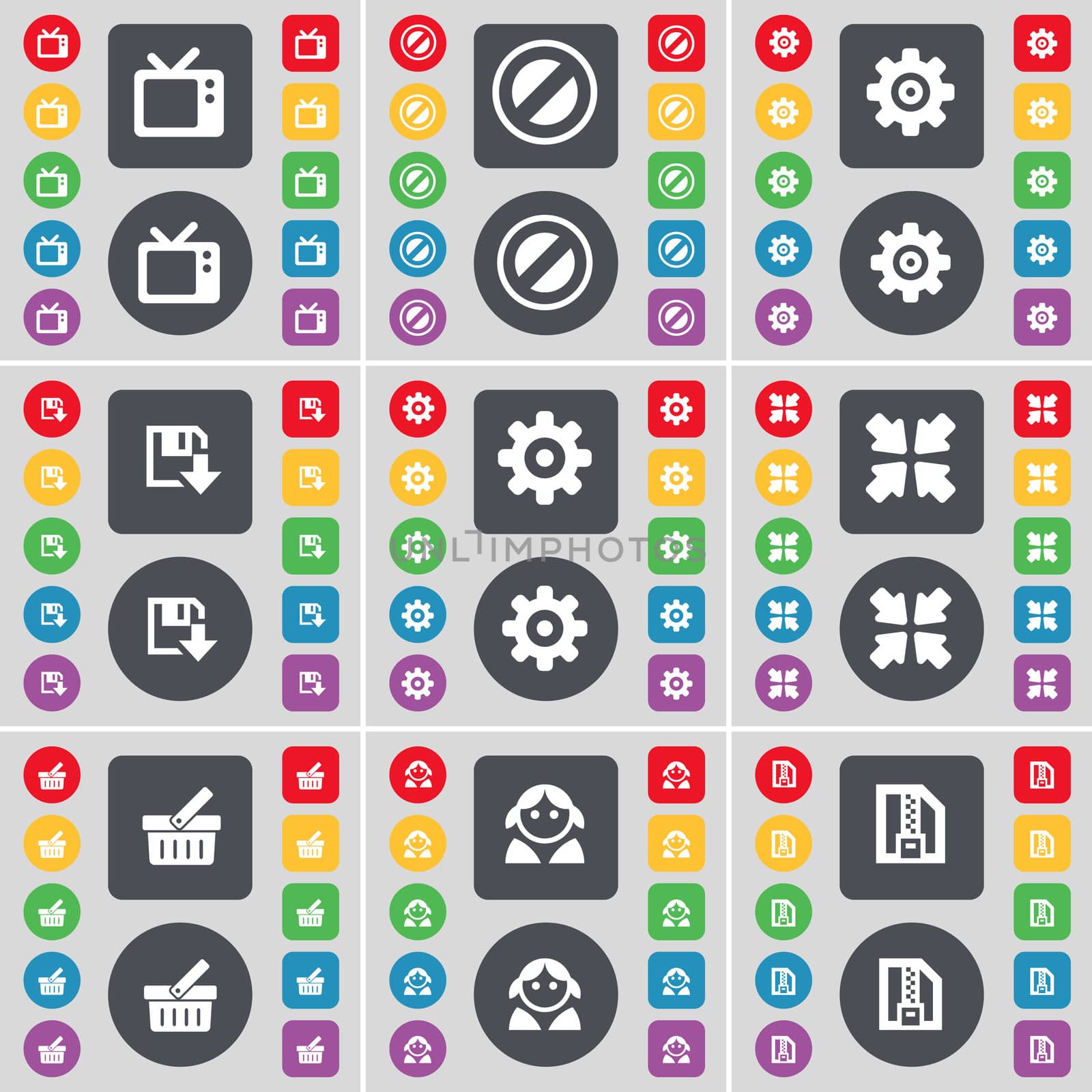Retro TV, Stop, Gear, Floppy, Deploying screen, Basket, Avatar, ZIP file icon symbol. A large set of flat, colored buttons for your design. illustration